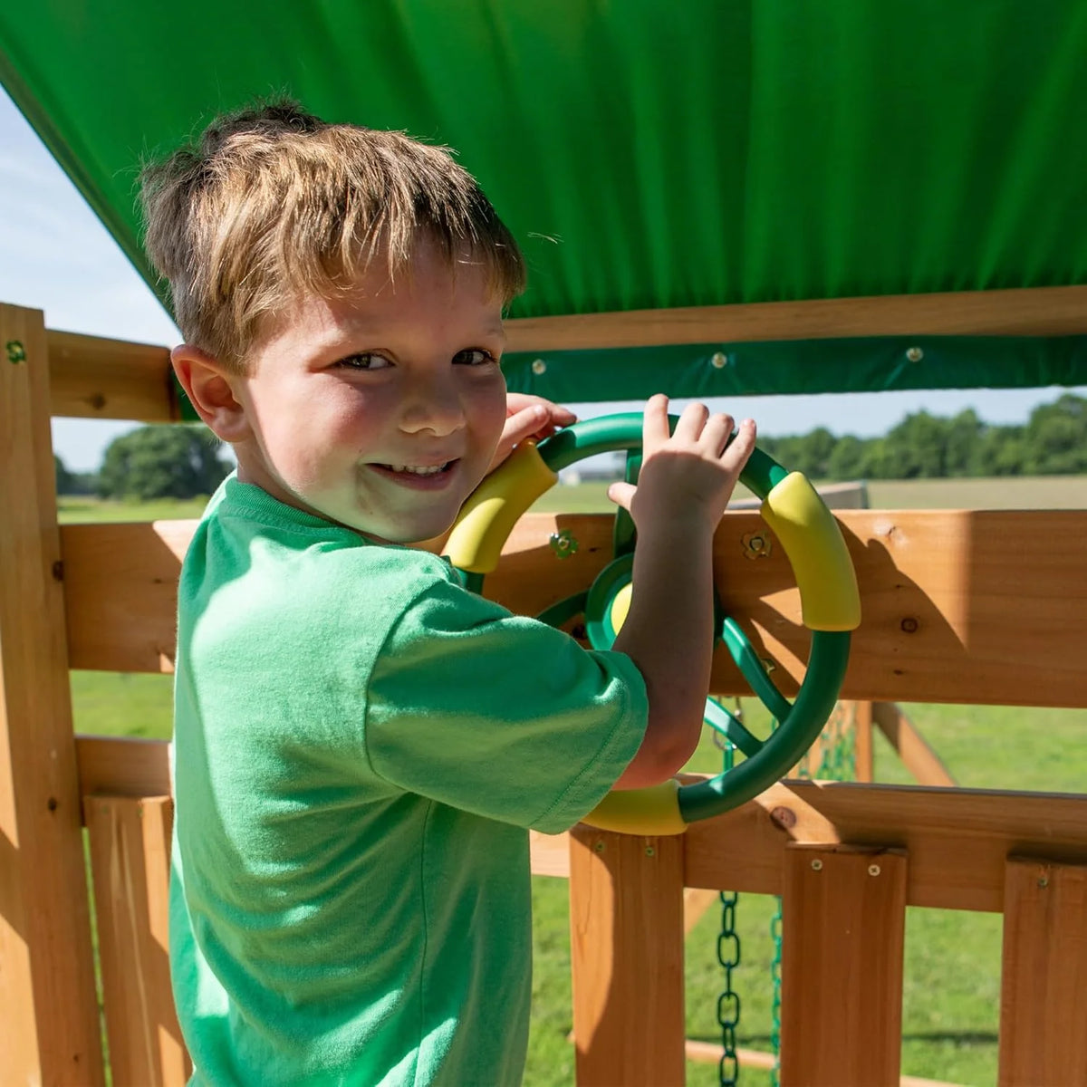 Cedar Wood Swing Set with Wave Slide. Play Deck. Double Rock Wall. Rope Ladder. Web Swing. Belt Swings. Toy Telescope. Steering Wheel. Sandbox Area. Outdoor Playset