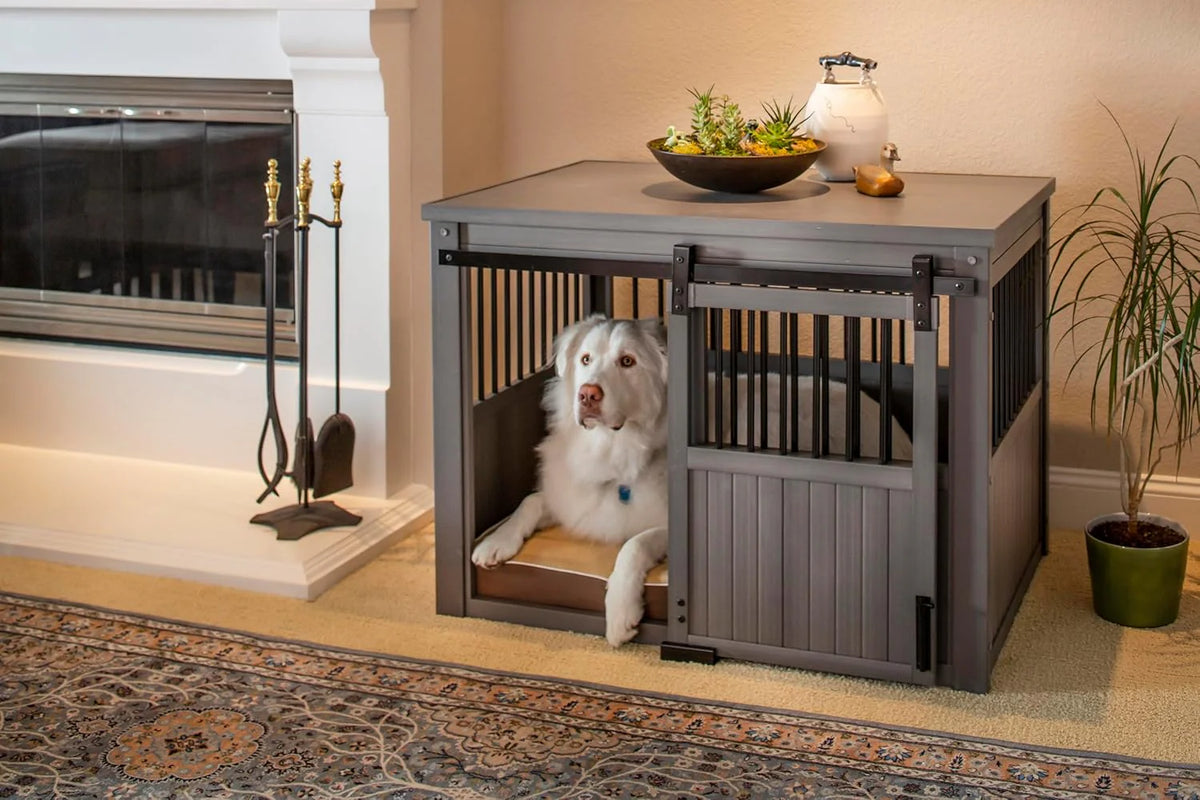 Farm sliding cowshed door furniture-style dog cage - antique white. large size. Unique style. durable and sturdy. Removable seat cushion. Easy to assemble.
