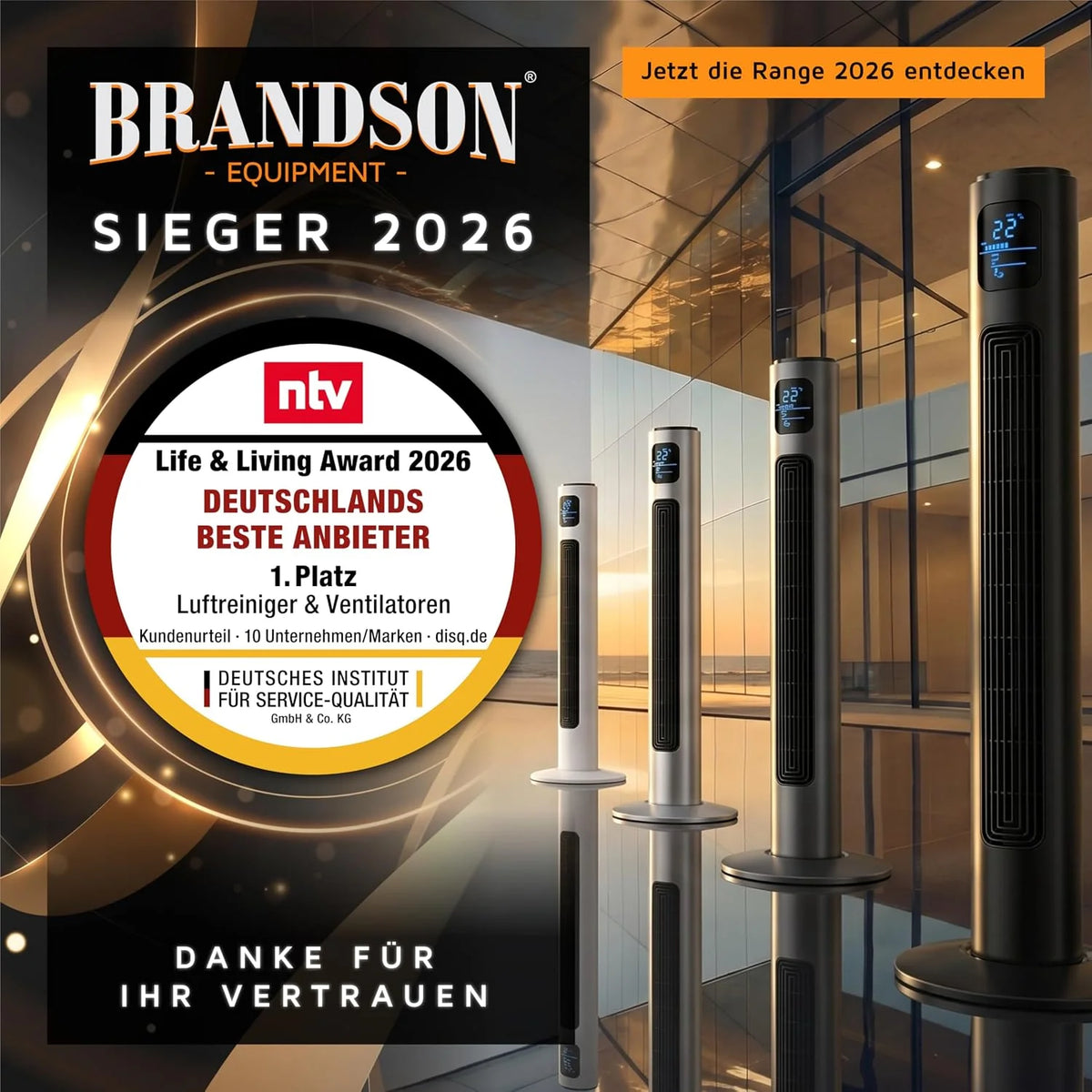 Brandson - Turmventilator mit Fernbedienung 96 cm - Preisträger 2026 - mobiler Lüfter leise - Standventilator mit Oszilation - 3 Geschwindigkeiten 3