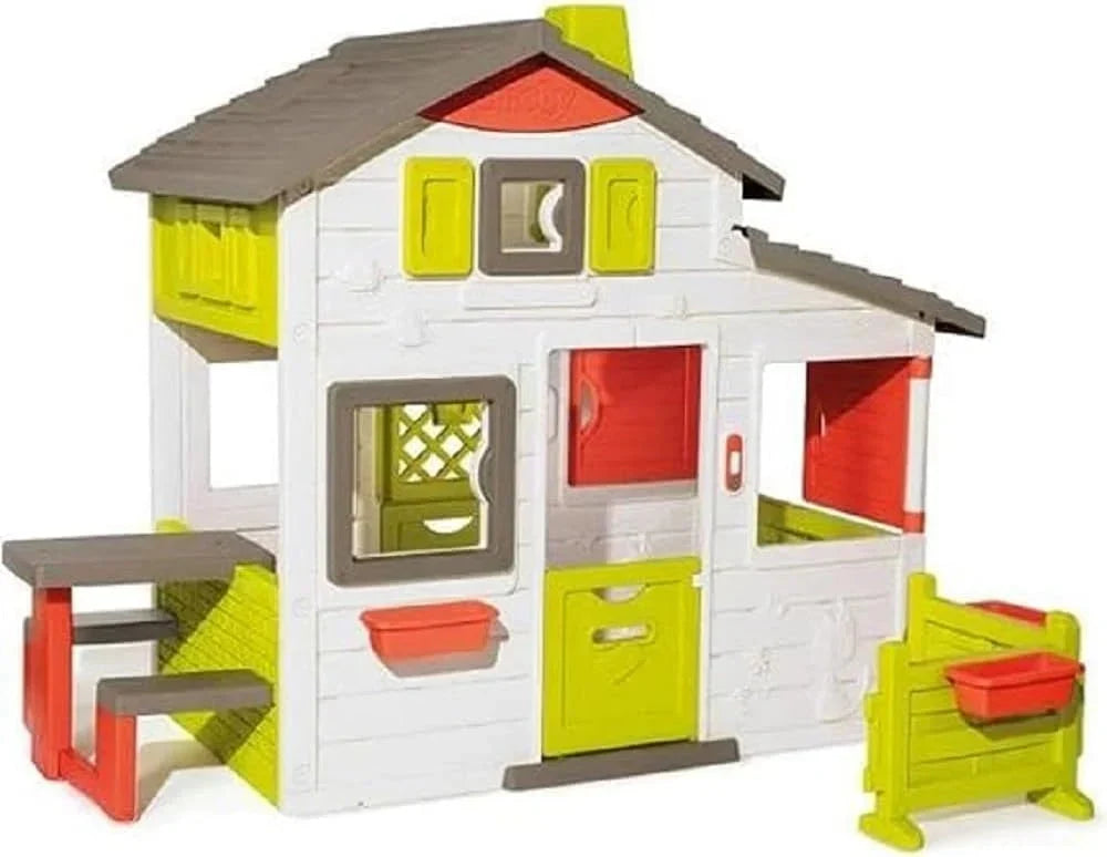 Smoby Life - Casa de Juegos Friends House EVO con 2 Puertas. 6 Ventanas y Mesa de Picnic Extraíble – Fabricada en Material Reciclado. Protección UV.