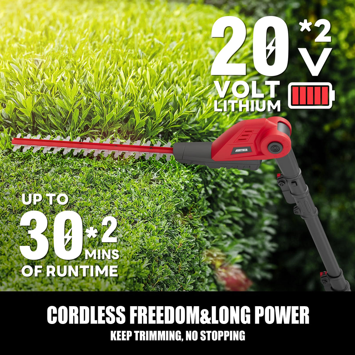 20V MAX Cordless Pole Hedge Trimmer. 2 x 2.0Ah Batteries and Charger Included