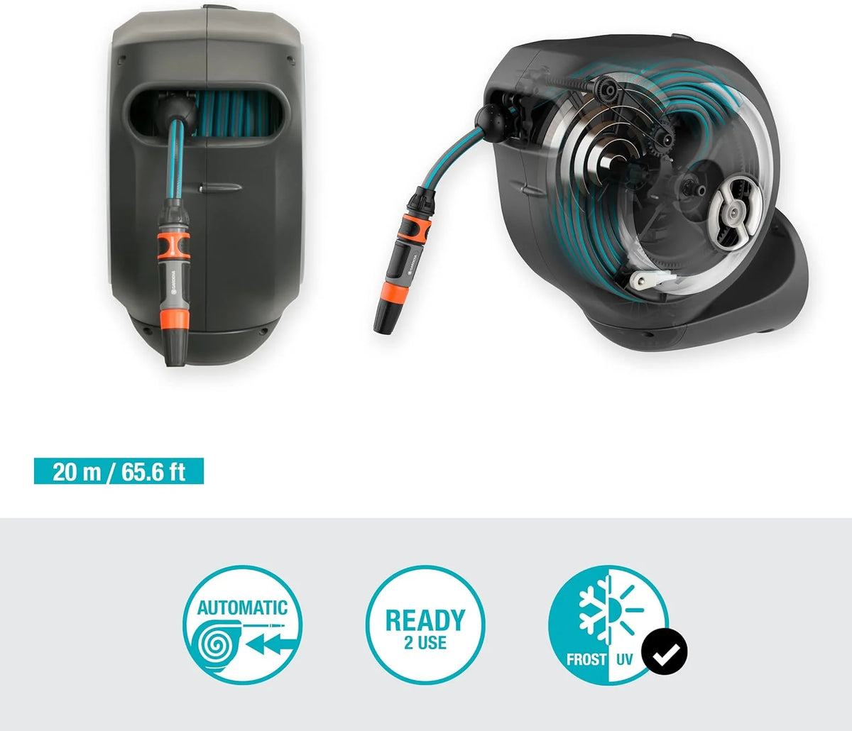 Gardena Wand-Schlauchbox RollUp M 20 m: Flexible Bewässerung für mittelgroße Gärten. schwenkbare Schlauchtrommel. mit Wandhalterung. Systemteilen und