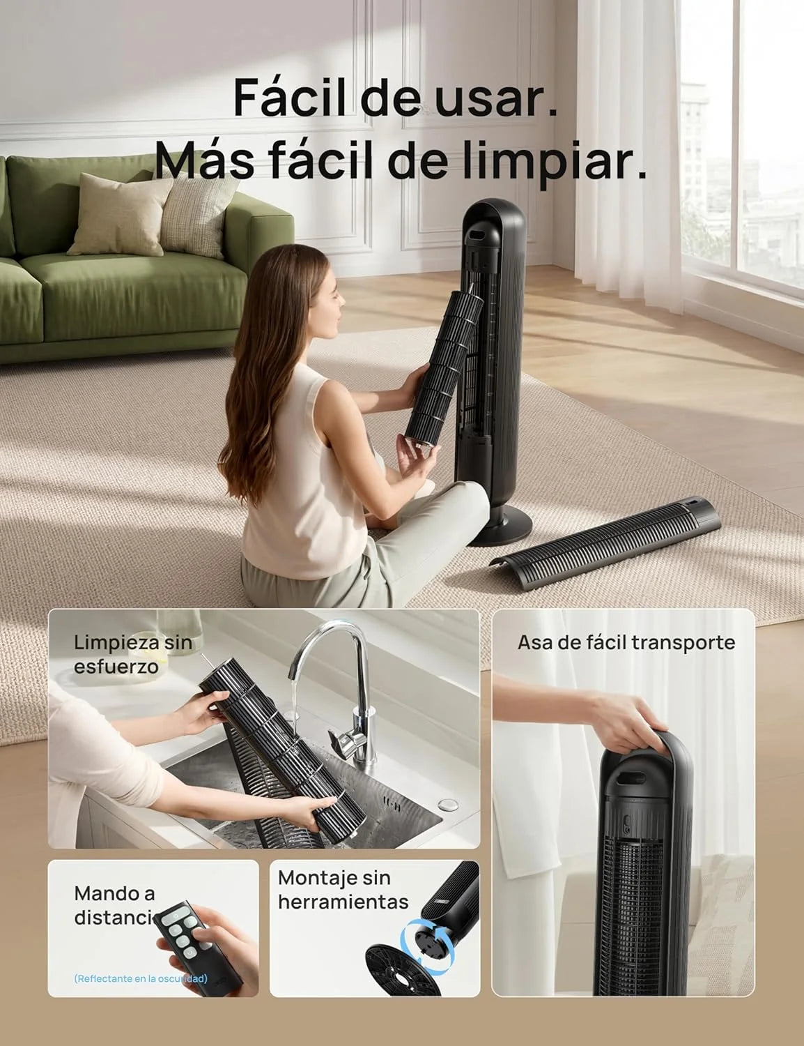 Dreo 20dB Ventilador de Pie Silencioso. Ventiladores de Torre con Velocidad de 7.6 m/s. 4 Velocidades. Rotación de 90°. Temporizador de 8 Horas.