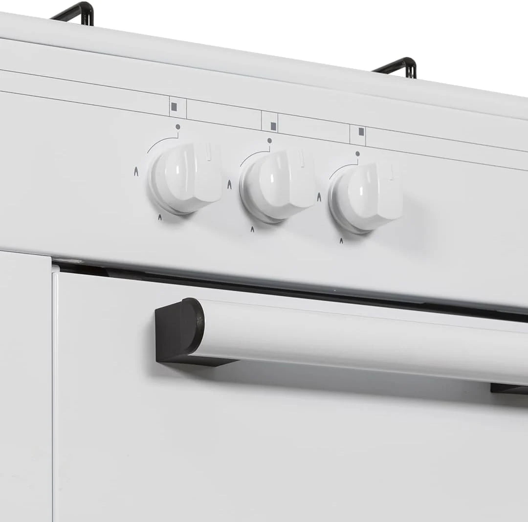 Aspes Cocina Gas Butano 3 Zonas de Cocción. Blanco AKG3500PB. Control Manual. Quemador WOK triple llama. Compartimento Bombona. Tapa Abatible