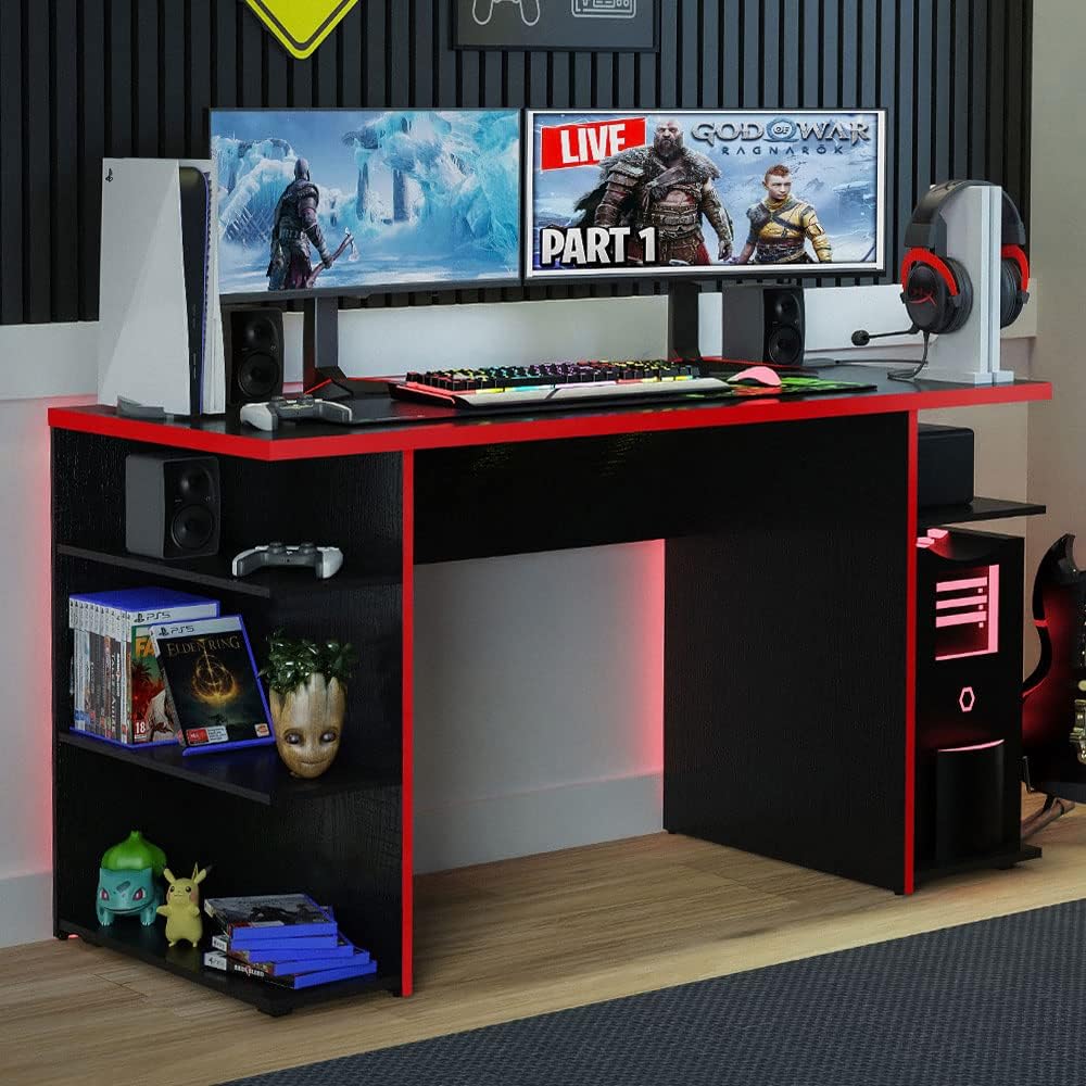 Madesa Large Modern Gaming Computer Desk 53 Inch with 5 Shelves Cable Management Student Study Wooden Table Home Office Gamer Desk for Kids and Adults - White
