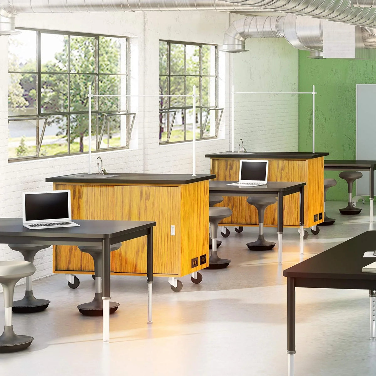 Adjustable-height office desk and active learning stools for classrooms. foam-filled backless rocking stools with rocking function. in gray color