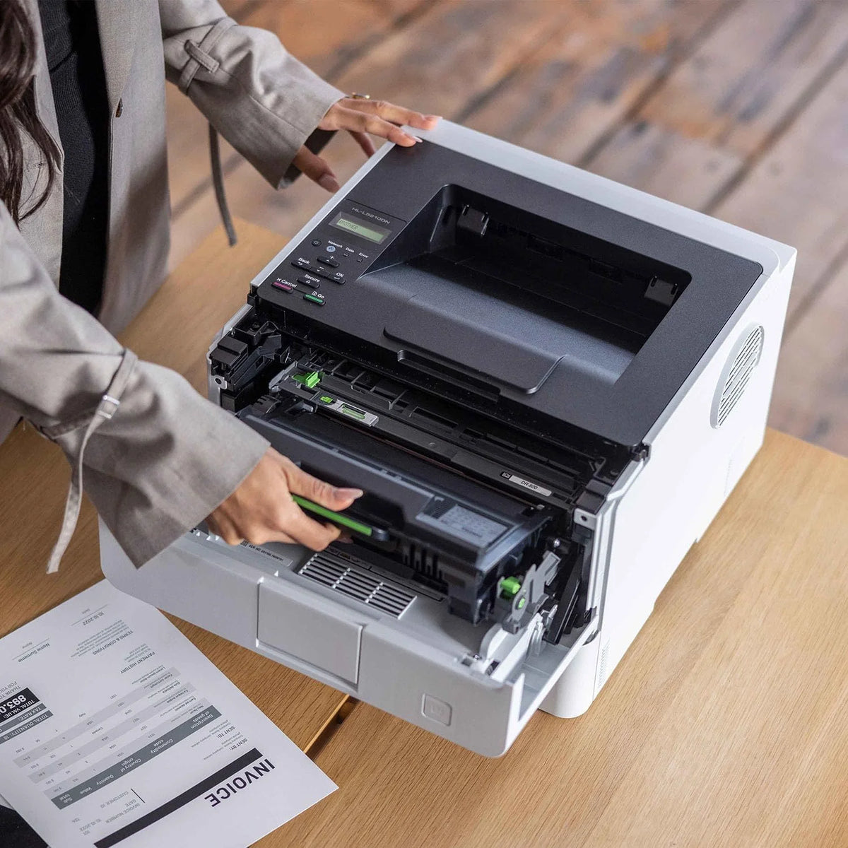Business single-color laser printer. equipped with dual paper trays. wireless network and gigabit Ethernet connection. double-sided printing. large-capacity paper storage and mobile printing function. white model