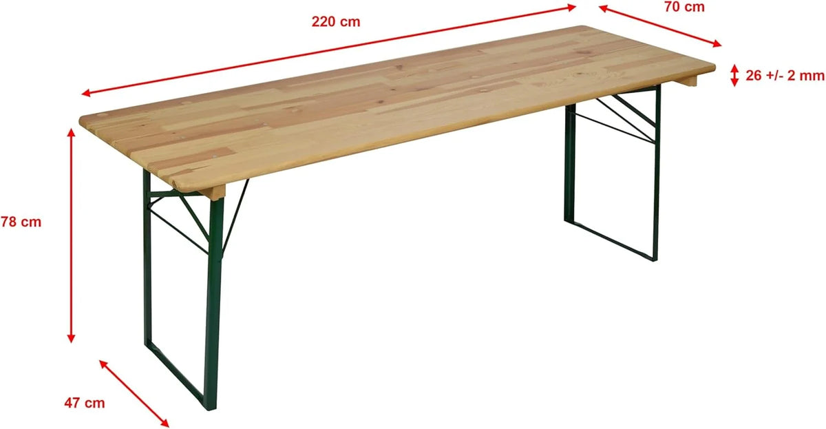 METRO Professional Bierzeltgarnitur. 3-TLG. Gartenmöbel Set. 1 Bier-Tisch 220 x 70 cm. 2 Bierbänke 220 x 25 cm. Klappbar. Naturbraun/Grün