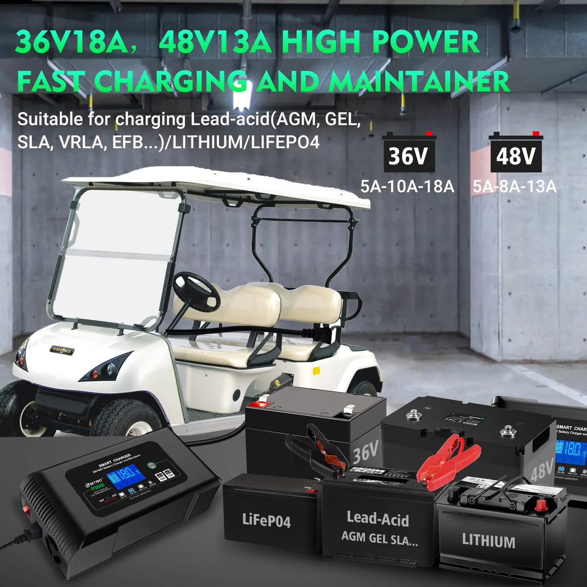 36 Volt Golf cart Charger 18-Amp Smart Charger. Car Battery Charger.Trickle Charger.36V.18-Amp and 48V.13-Amp.Lithium.LiFePO4.Lead-Acid AGM/Gel/