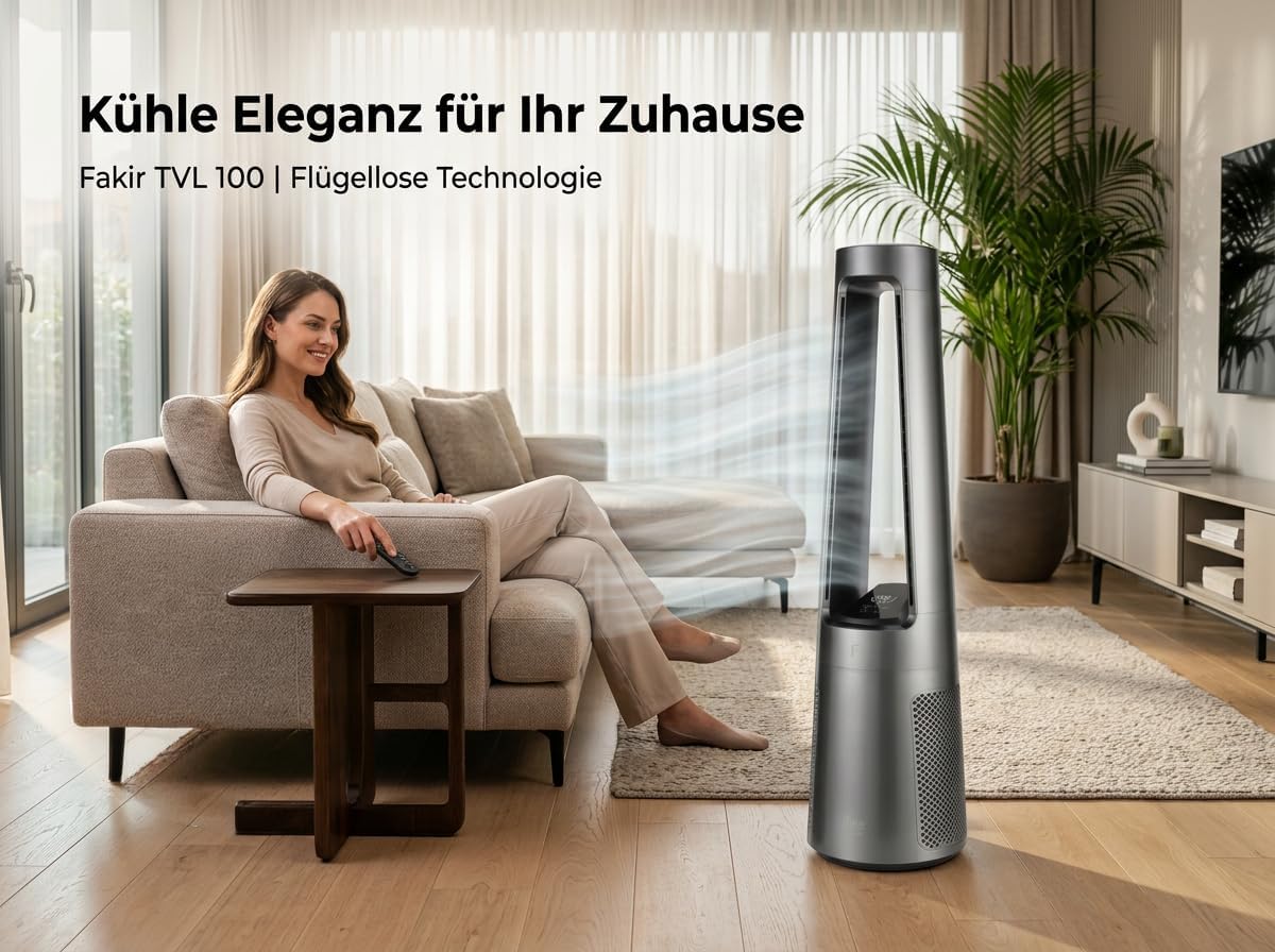 Fakir TVL 100 Flügelloser Turmventilator - DC-Motor. 12 Lüfterstufen. 30 dB(A). 60° Oszillation. 12h Timer. LED Touch Display. Fernbedienung.