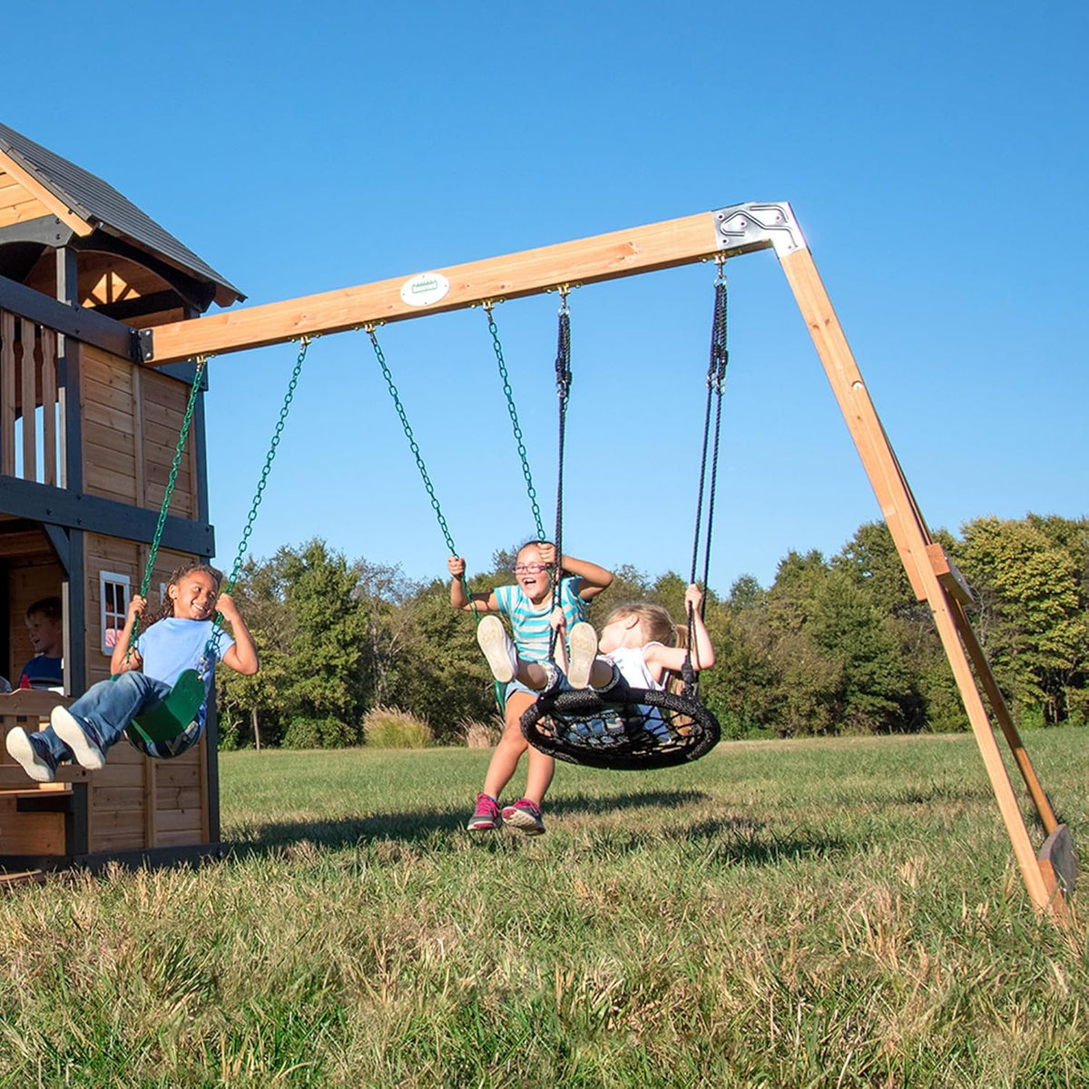 Gorge Creek Pure Pine Swing Set. Playhouse with Barbecue Grill. Plastic Utensils. Picnic Area. Steering Wheel. Double-Padded Swing. Rock Climbing Wall. Balcony. Terrace. Mesh Swing (Green Slide)