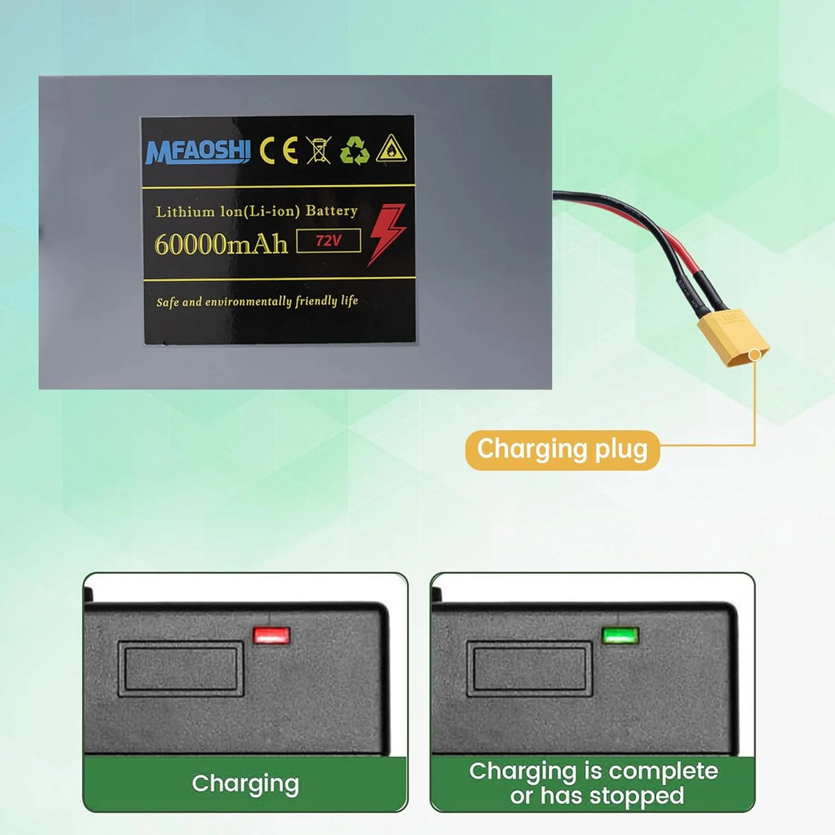 72V 60Ah Lithium E-Bike Battery with LED. XT90 Connector