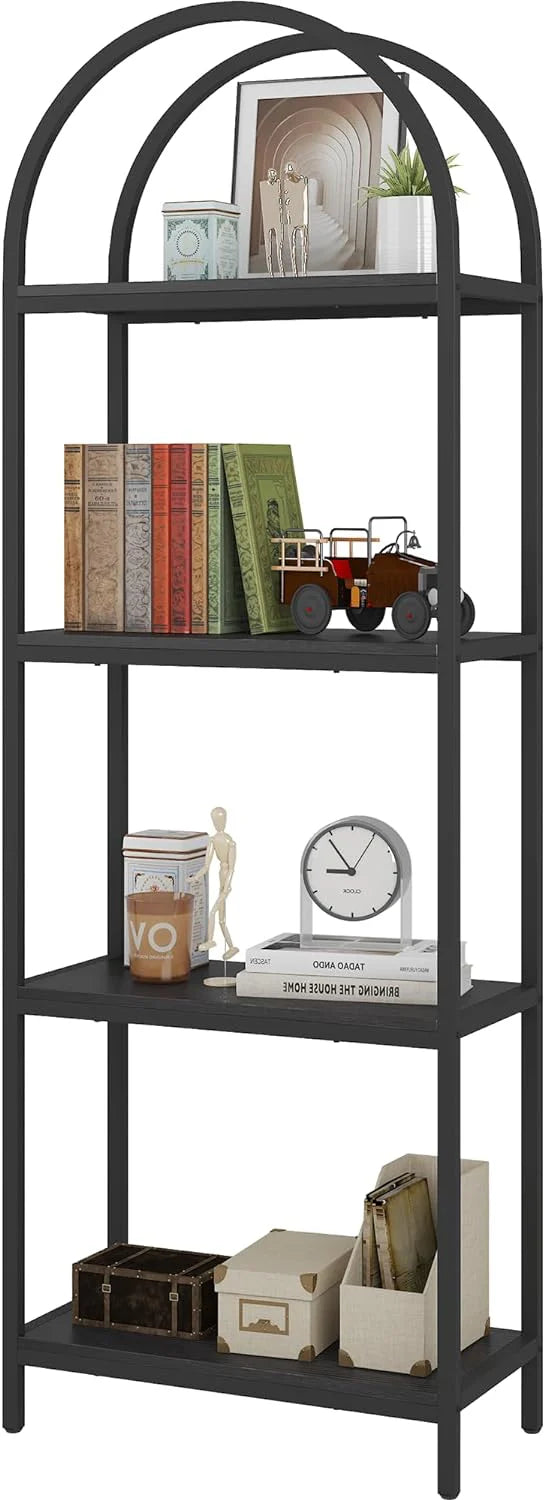 Yusong Bookshelf Rattan Arched Bookcase. 74 Tall Industrial Open Book Shelves for Living Room. Modern Freestanding Boho 5 Tier Display Storage Rack with Metal Frame. Office. Bedroom. Burlywood