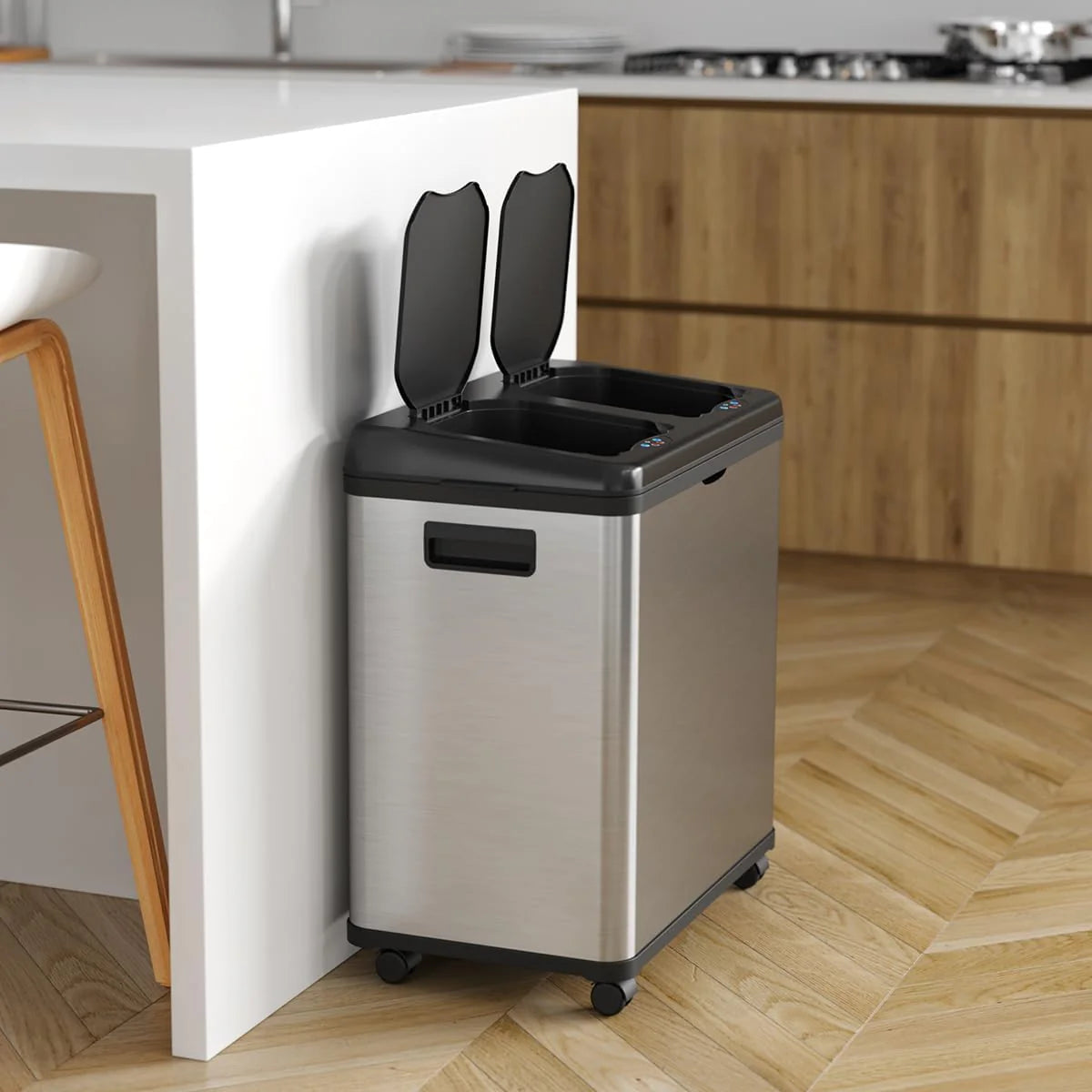 16-gallon contact-free trash and recycling bins. made of stainless steel. with a double compartment design (each compartment holds 8 gallons). suitable for recycling and waste disposal in the kitchen.