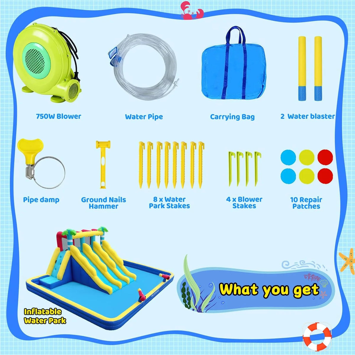 20.66x16.4FT Inflatable Water Slide for Big Kids. Water Park for Kids Backyard with Large Double-Layer Pool.3 Extra-Long Slides.Climbing Wall. 2 Water Cannons. Water Spraying. 750W Air Blower