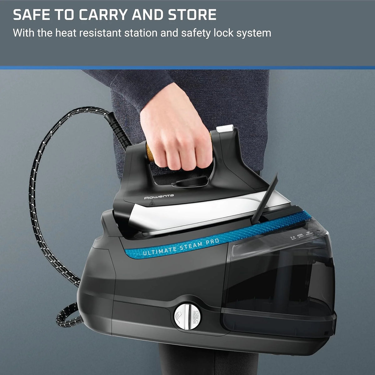 Professional steam laundry device with stainless steel base plate. 1.1-liter detachable water tank. quick heating. 1800-watt power. blue fabric steam iron