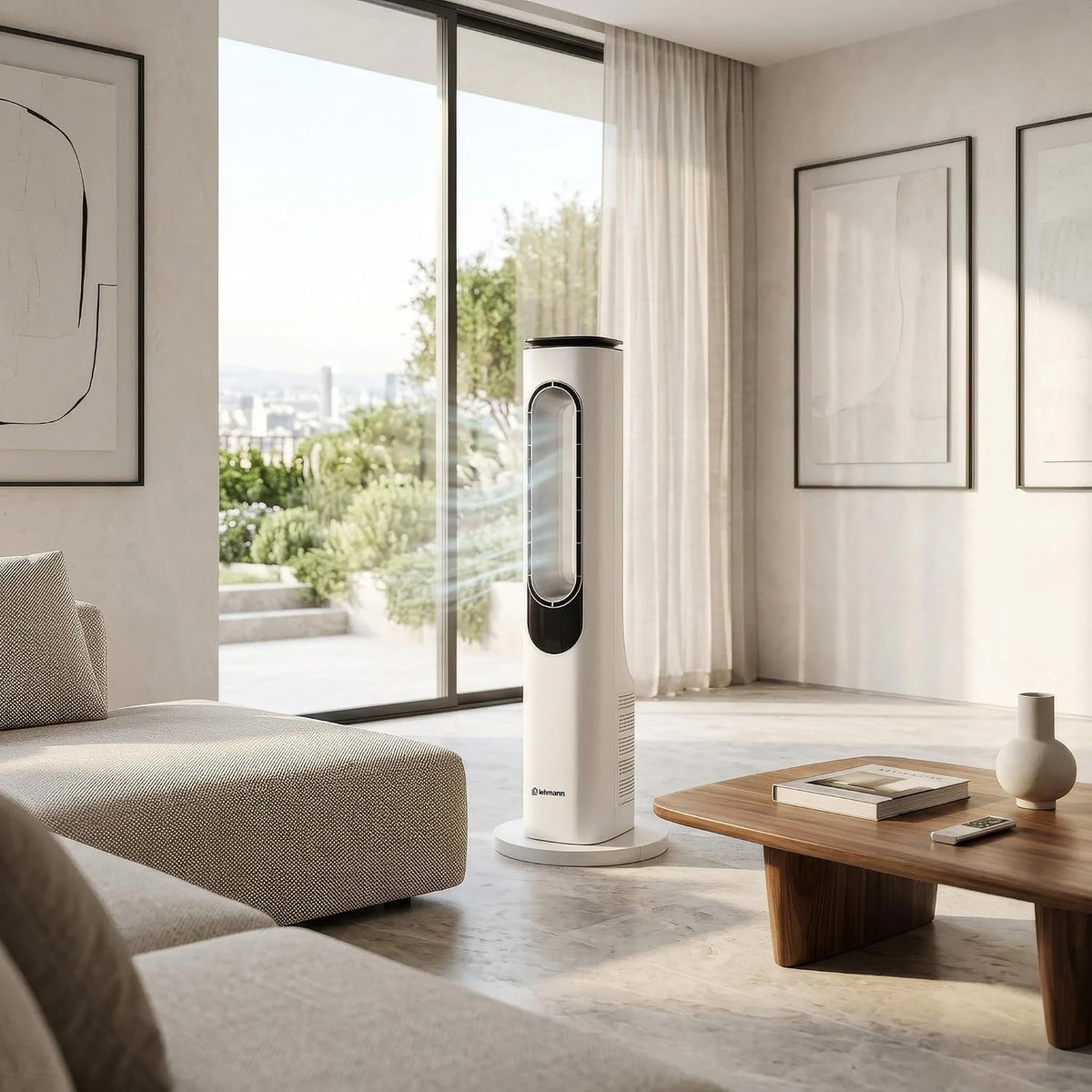 LEHMANN Turmventilator mit Fernbedienung & LED-Display. leiser Ventilator mit Schlafmodus. 15 h Timer. 3 Lichtfarben. 3 Modi. 3 Geschwindigkeiten.