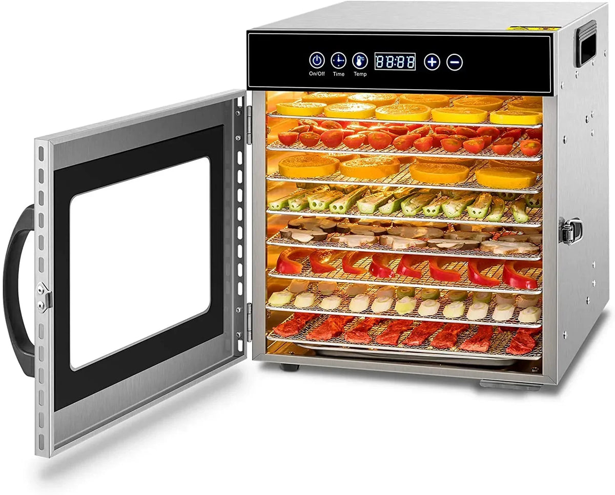 Tray Food Dehydrator. Steel Fruit Dry Machine with 30 90C Adjustable Thermostat. 24hr Digital Timer