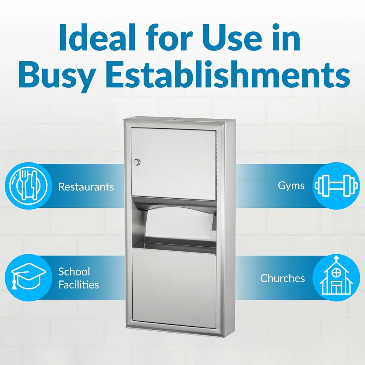 Wall-mounted tissue dispenser and waste paper storage box. Mirror-polished stainless steel material. 2-gallon capacity. Can hold 350 single-layer or 475 multi-layer tissues. Easy to install. Suitable for commercial bathrooms.
