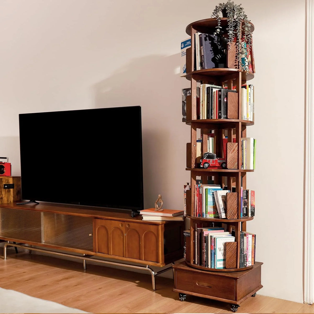 Solid wood rotating bookshelf. 360° display cabinet. with 1 drawer. rotating bookshelf tower with wheels. 72-inch high bookcase suitable for small spaces. rotating bookshelf for home office. walnut finish