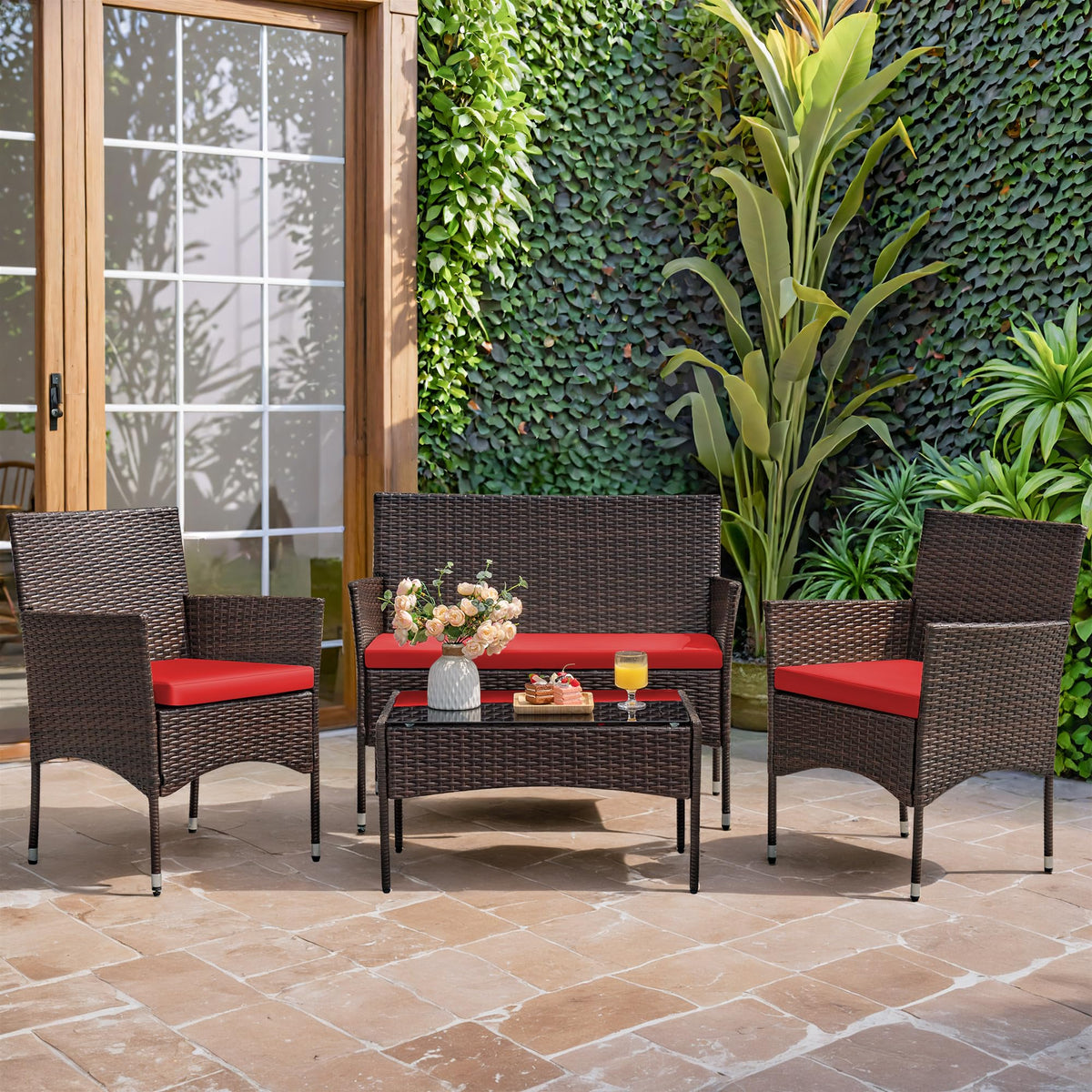 4-Piece Outdoor Patio Furniture Set. Rattan Wicker Chairs and Outdoor Seating Set