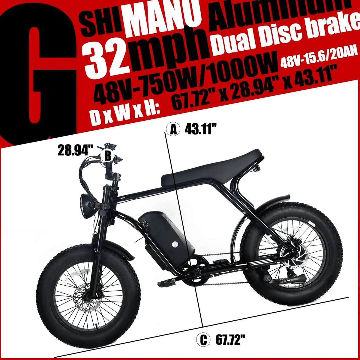 Electric Mountain Bike for Adults | 20 x 4.0 Fat Tires. 1000W Motor. 48V 20Ah Removable Battery. Max Speed 45MPH. Shi Mano 7-Speed for Off-Road Adventures