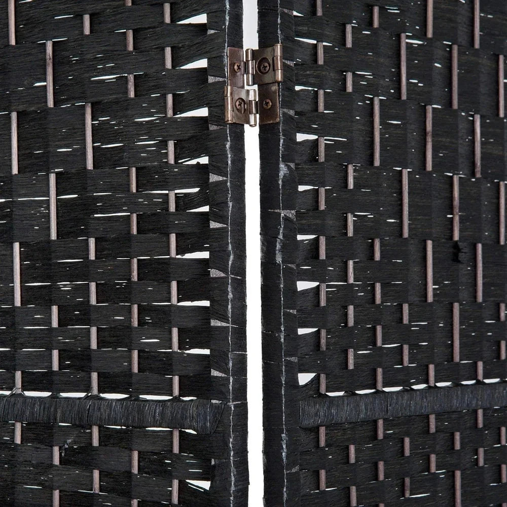 6 Ft Tall Four-Panel Wicker Weave Room Divider. Black Wood Privacy Screen