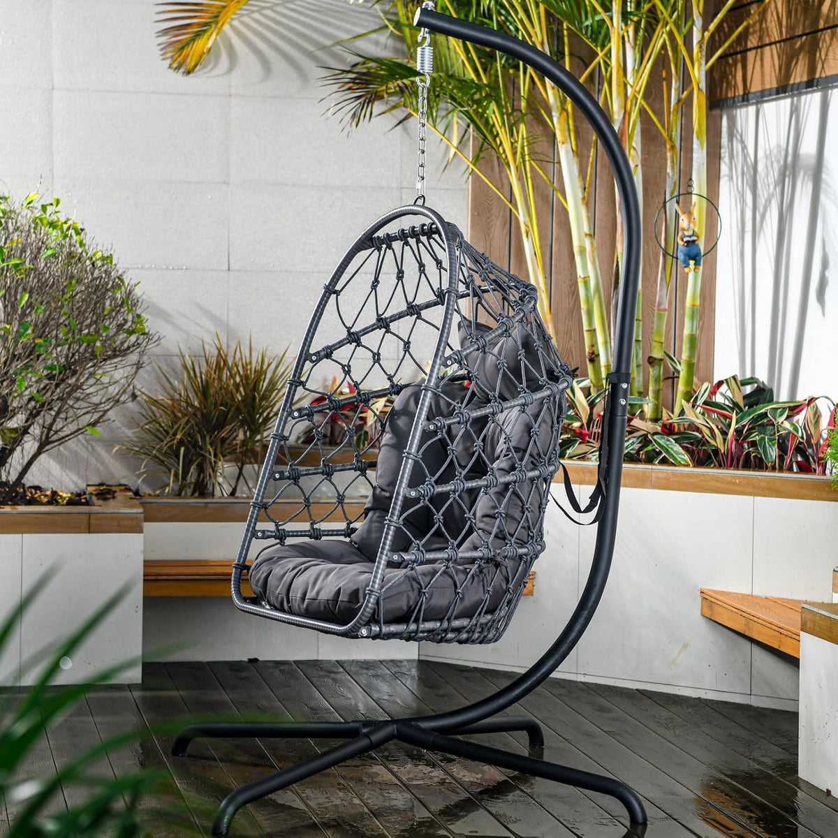 Indoor and outdoor egg-shaped rocking chairs with frames and covers. garden rattan hanging chairs. capacity 450 pounds. with UV-protective cushions. suitable for bedrooms. outdoor balconies. courtyards or living rooms (dark gray)