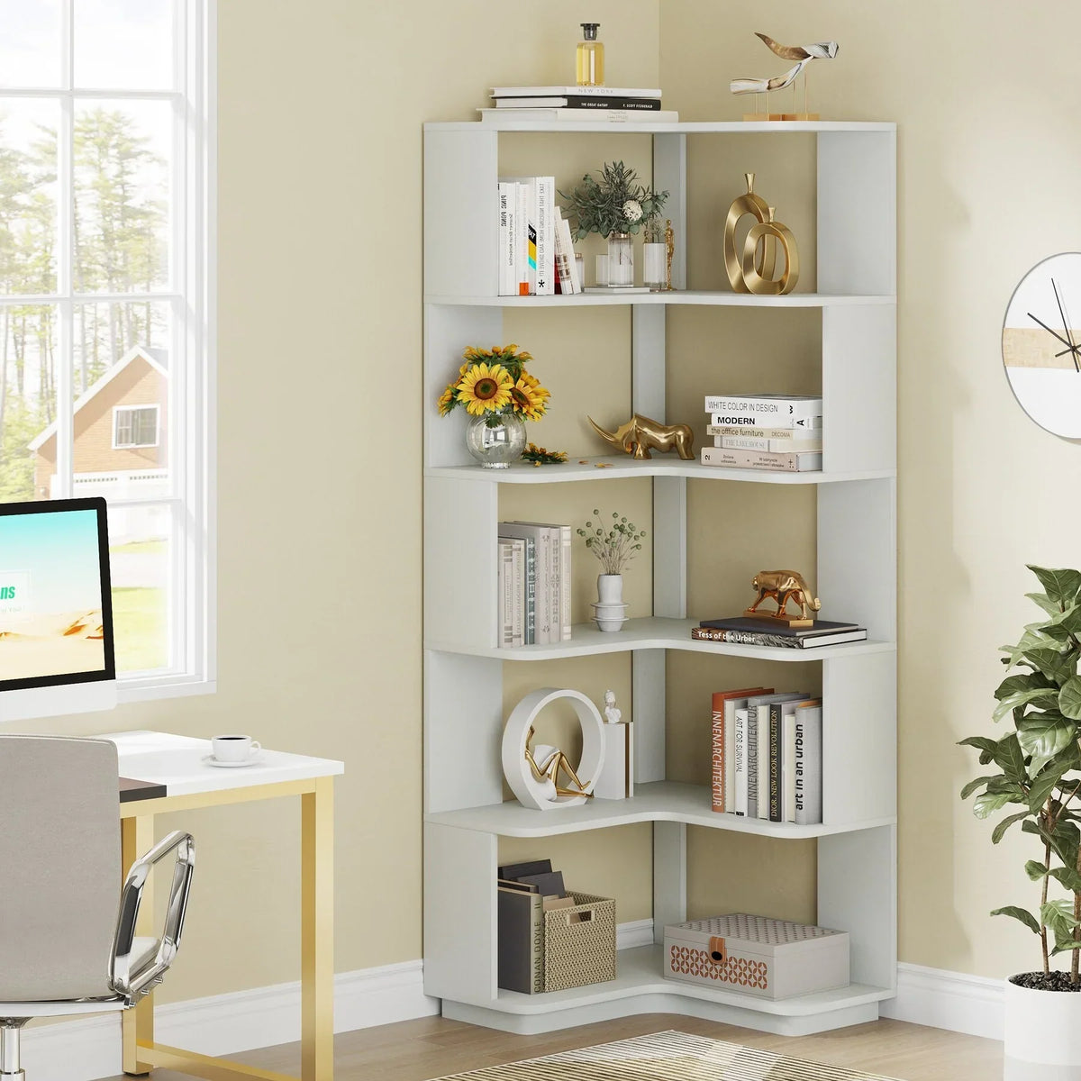 64.9 Inch Tall 6-Tier Corner Bookshelf. Freestanding Wood Industrial Bookcase