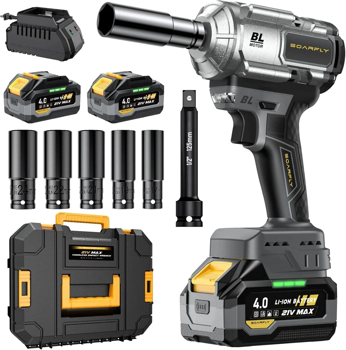 21V Brushless Cordless Impact Wrench. 1/2-Inch Drive. 1200Nm (900 ft-lbs). 2 x 4.0Ah Batteries. Charger and 5 Sockets