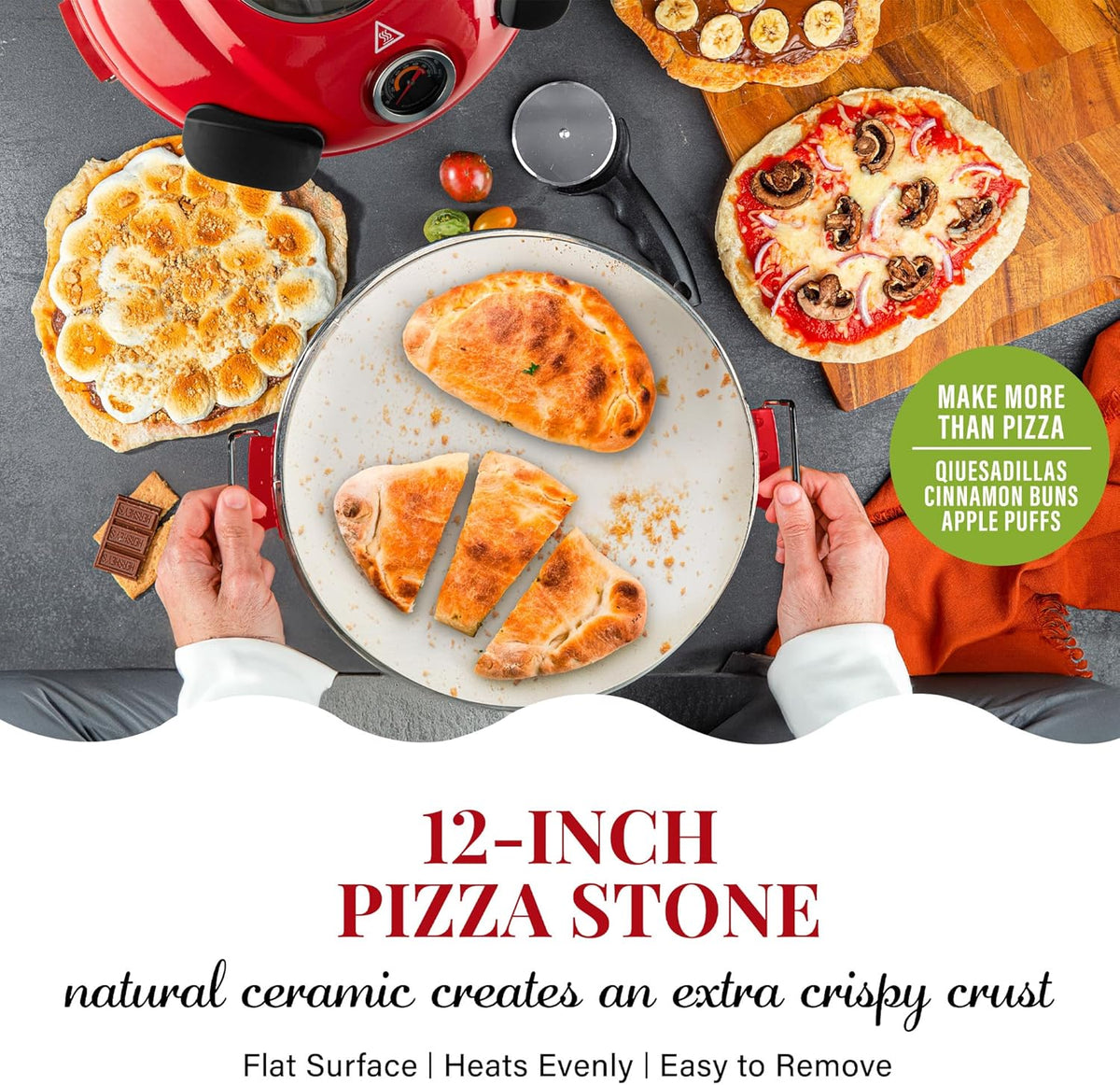 Pizza oven. with pizza cutter and dough roller. 12-inch portable indoor electric oven. 12-inch indoor pizza oven
