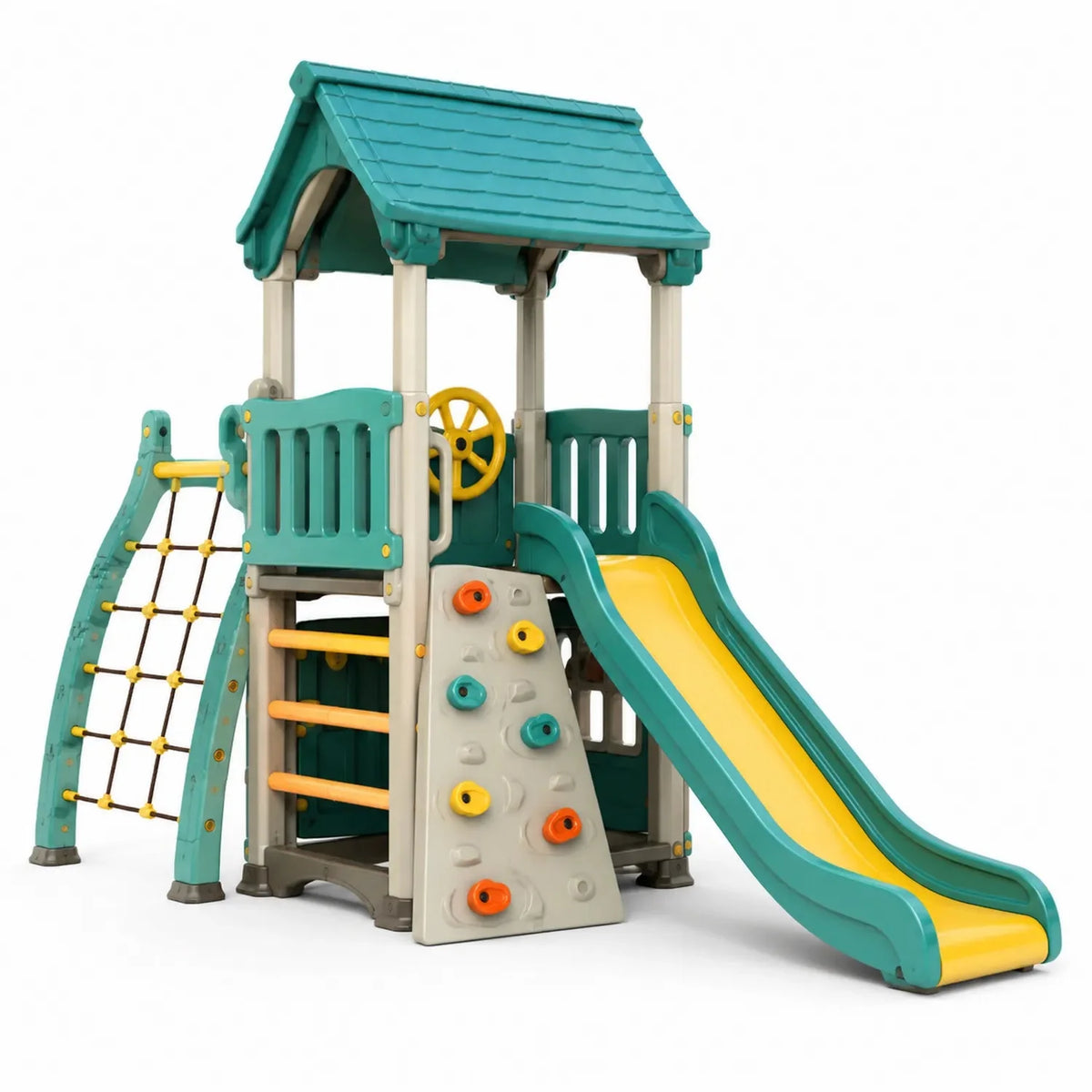Kinderspielplatz mit Kunststoff-Rutsche und Kletterturm. Türkis/Gelb