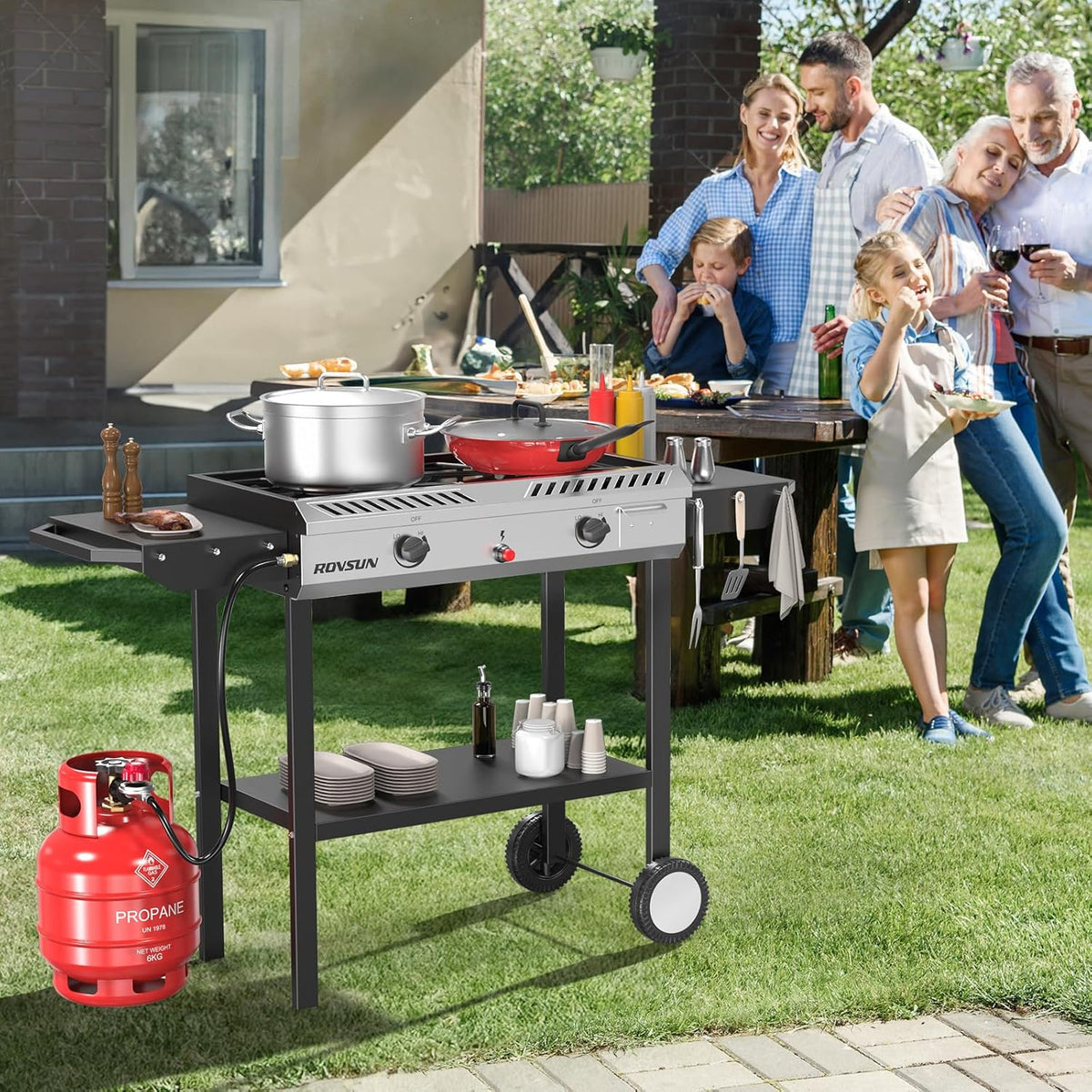 2-Burner Outdoor Propane Gas Stove with Griddle. Auto-Ignition. Regulator and Side Shelves. 150.000 BTU