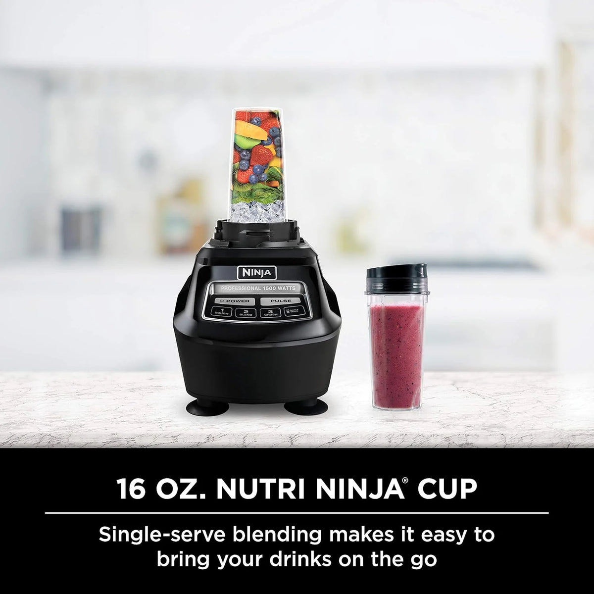 1500W Blender and Food Processor System with 72-Oz. Pitcher. 64-Oz. Bowl and 16-Oz. To-Go Cups. Black