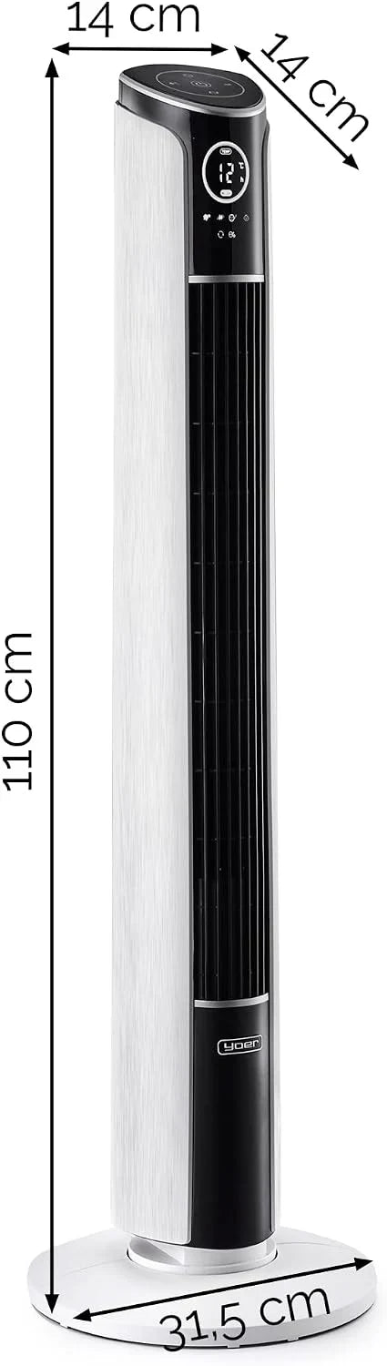 Yoer 29dB Leiser Turmventilator. Ionisator. 10 m Reichweite. Neigungswinkeleinstellung. 12 Geschwindigstufen. 4 Modi. 12 Std. Timer. 90° Oszillation.
