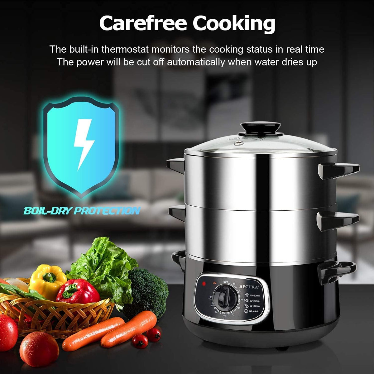 2 stainless steel food steamers. 8.5 liters capacity. electric glass-covered vegetable steamer. double-layer stackable steaming basket. with timer included