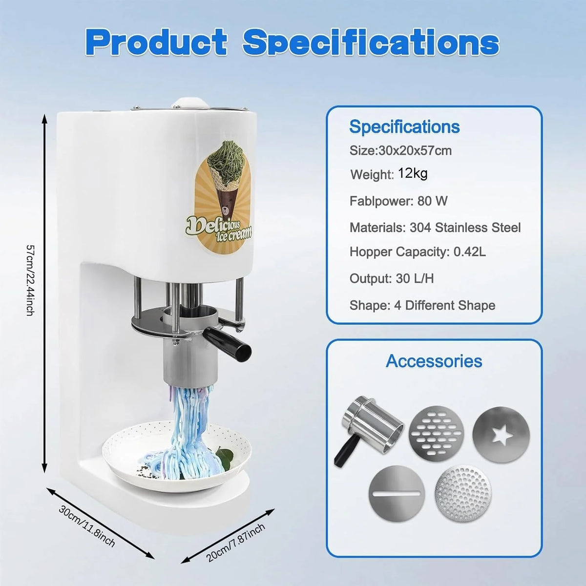 Kommerzielle Spaghetti-Eismaschine. 28–30 l/h. professionelle Gelato-Eis-Nudelmaschine mit 4 verschiedenen Nudelformen. for Catering und Soft-Serve-