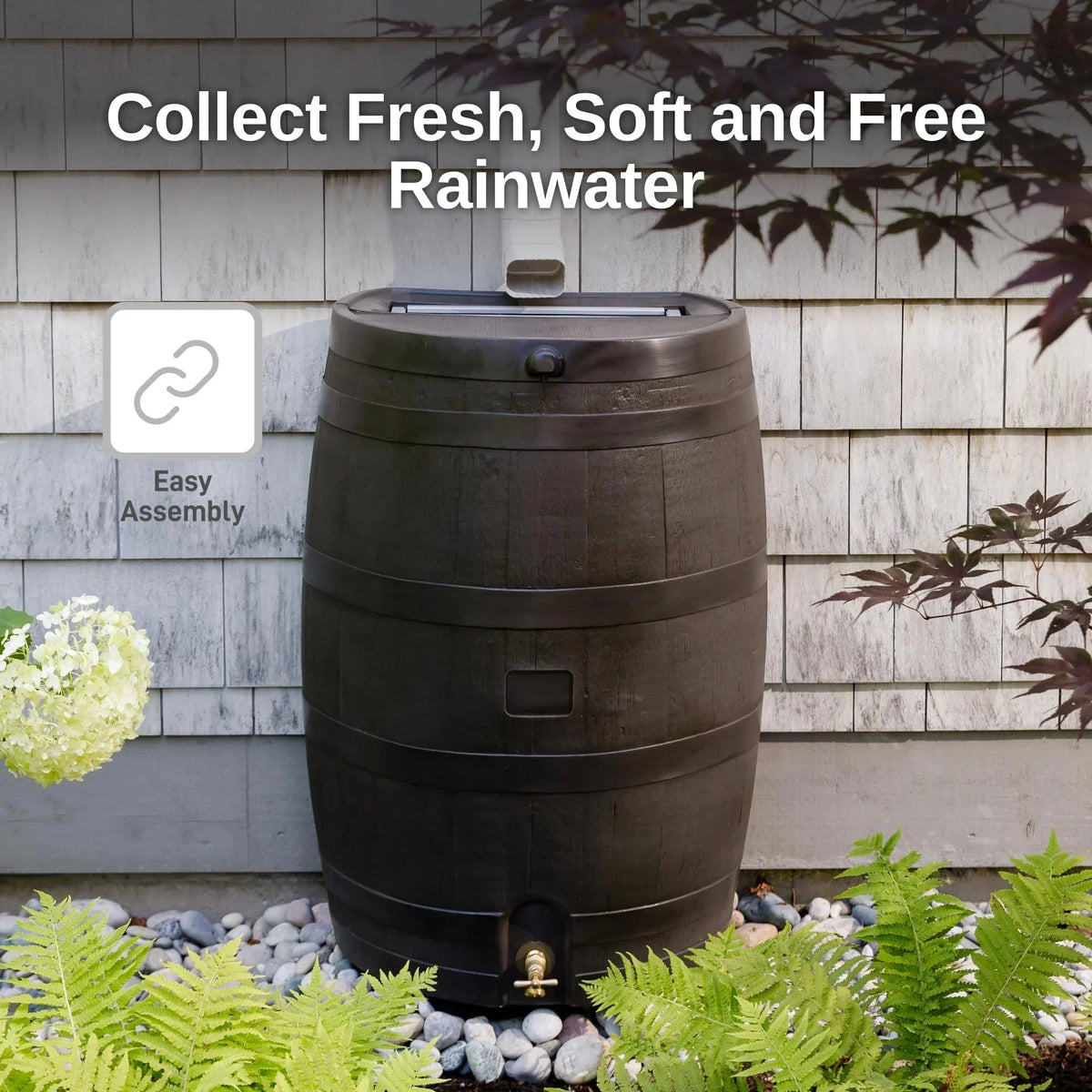 50 Gallon Rain Barrel with Brass Spigot. Walnut Rainwater Collection Barrel for Garden and Outdoor Use