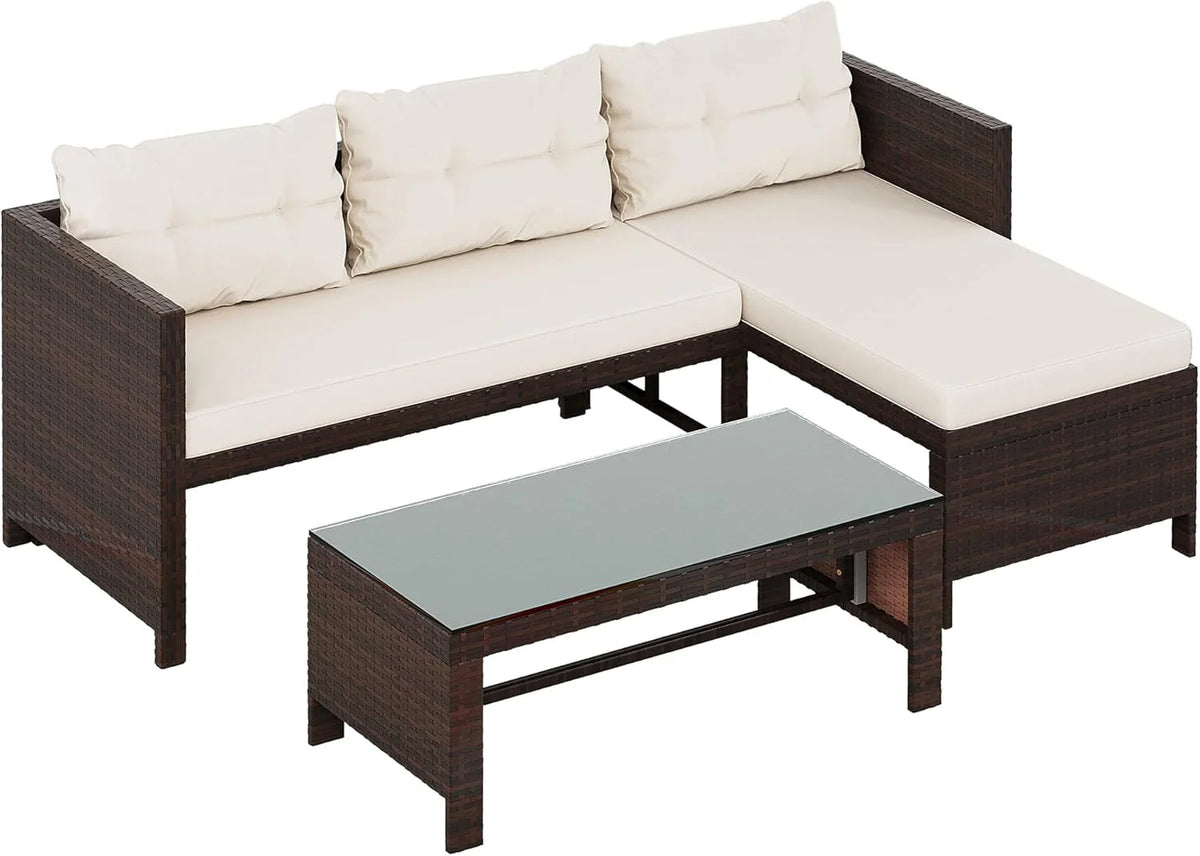 Outdoor Patio Furniture Sets. Wicker Patio sectional Sets 3-Piece. All Weather Wicker Rattan Patio Seating Sofas with Glass Coffee Table and Cushion (Beige)