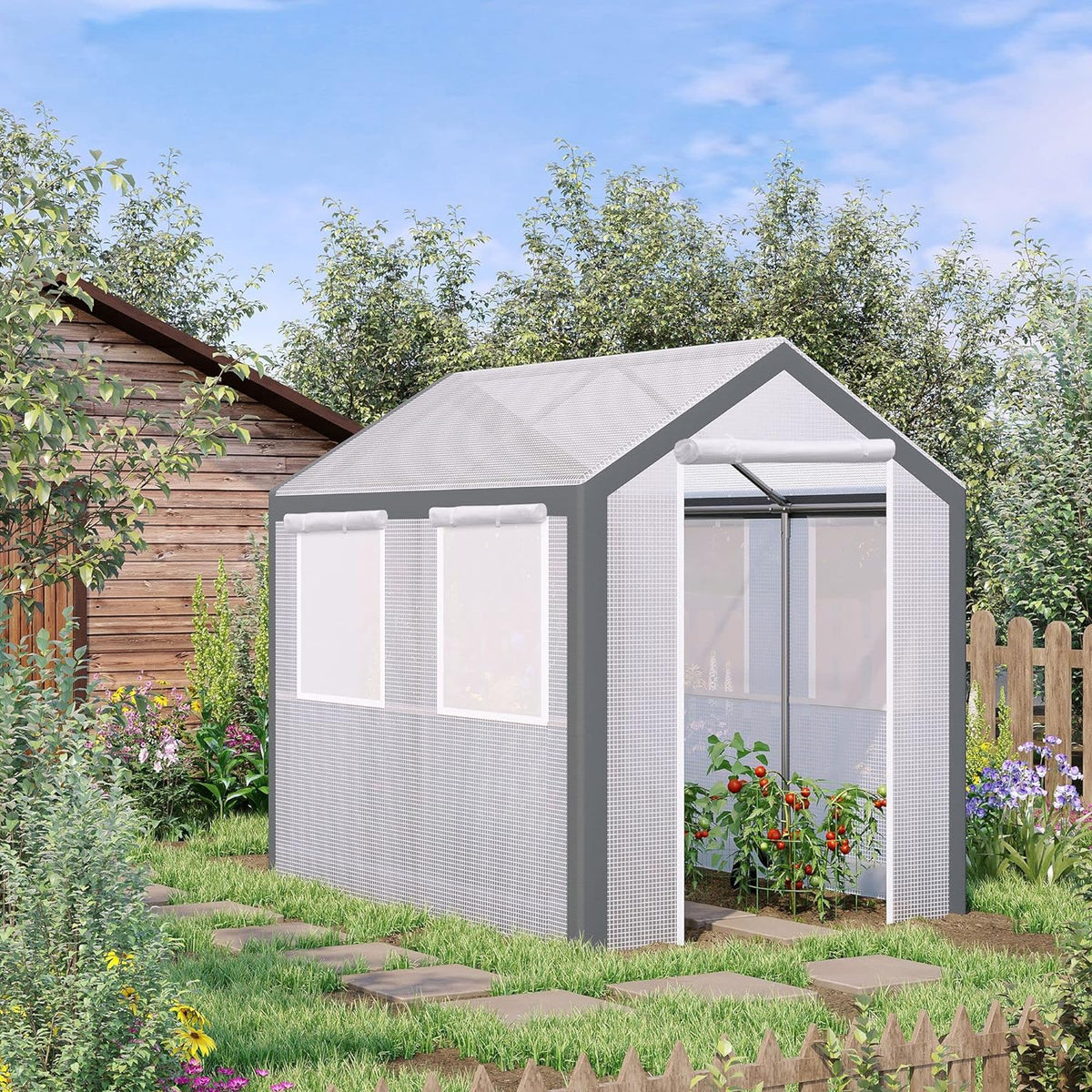 A 20-foot x 10-foot x 9-foot walk-in green house with an outdoor garden greenhouse. equipped with 6 roll-up windows. 2 zipper doors and a rain cover. in white color.