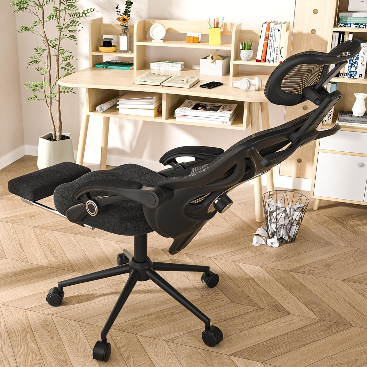 Ergonomic Office Chair - Adjustable Lumbar & Headrest. 90-160° Reclining with Footrest. Breathable Mesh Back - Home Office/Gaming Computer Chair (Black. 300lbs Capacity)