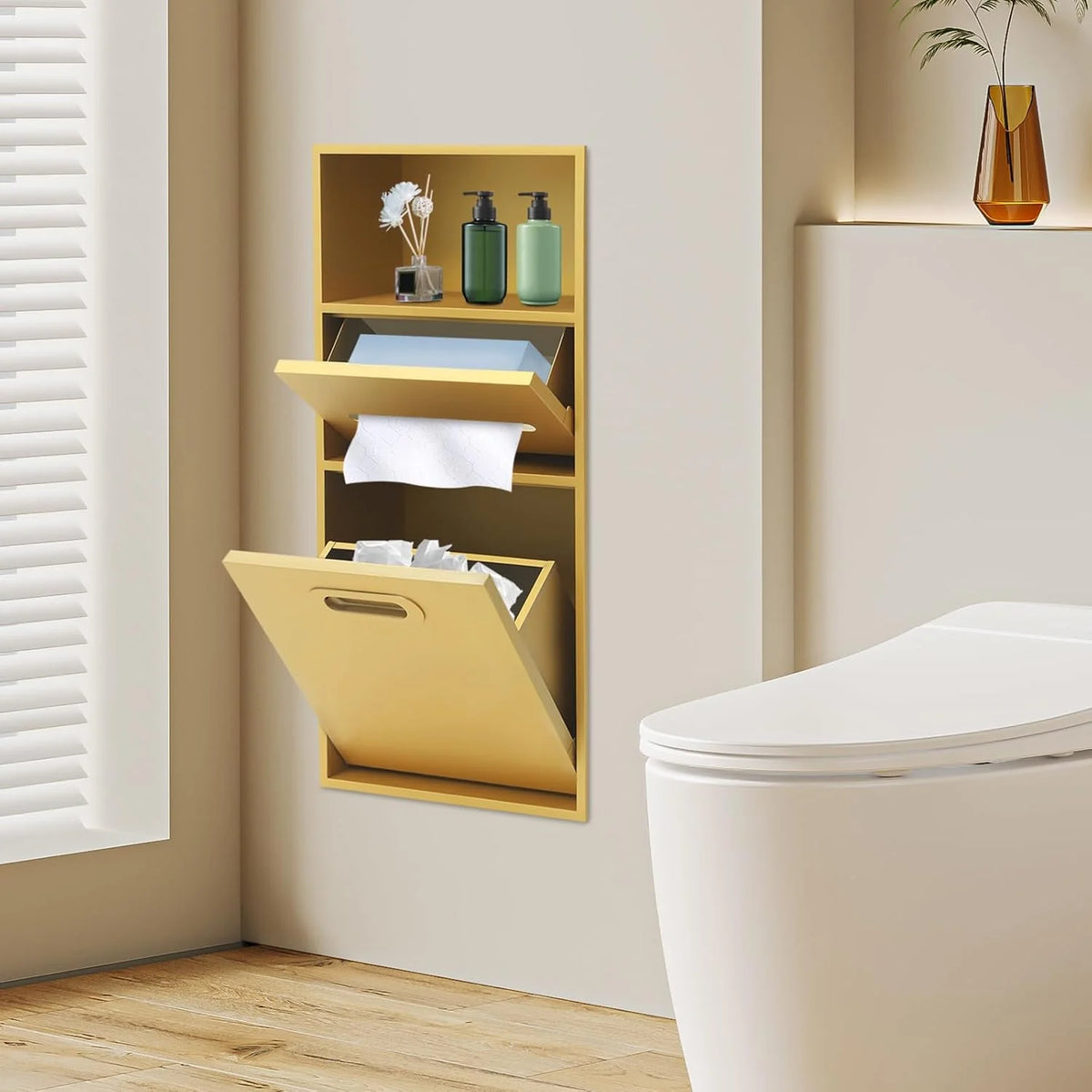 Stainless steel shower alcove trash can - Suitable for use in bathrooms. living rooms. and kitchens as a built-in recessed storage cabinet - 26 x 5.5 x 11.8 inches