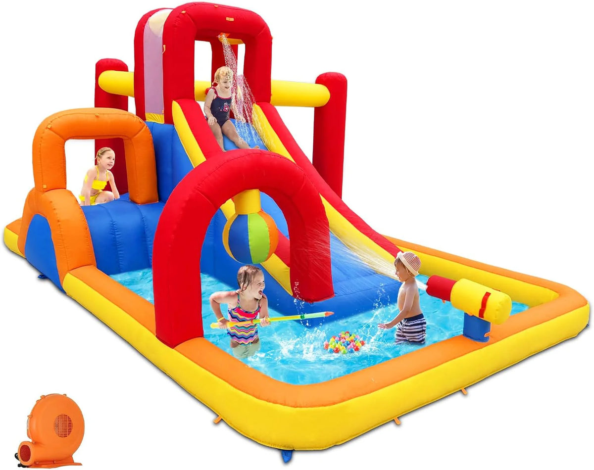 Inflatable Water Slide. 10 in 1 Water Park Bounce House with Blower. Splash Pool. 2 Slides. Water Cannon. Climbing Wall. Blow up Water Slides for Kids Outdoor Backyard