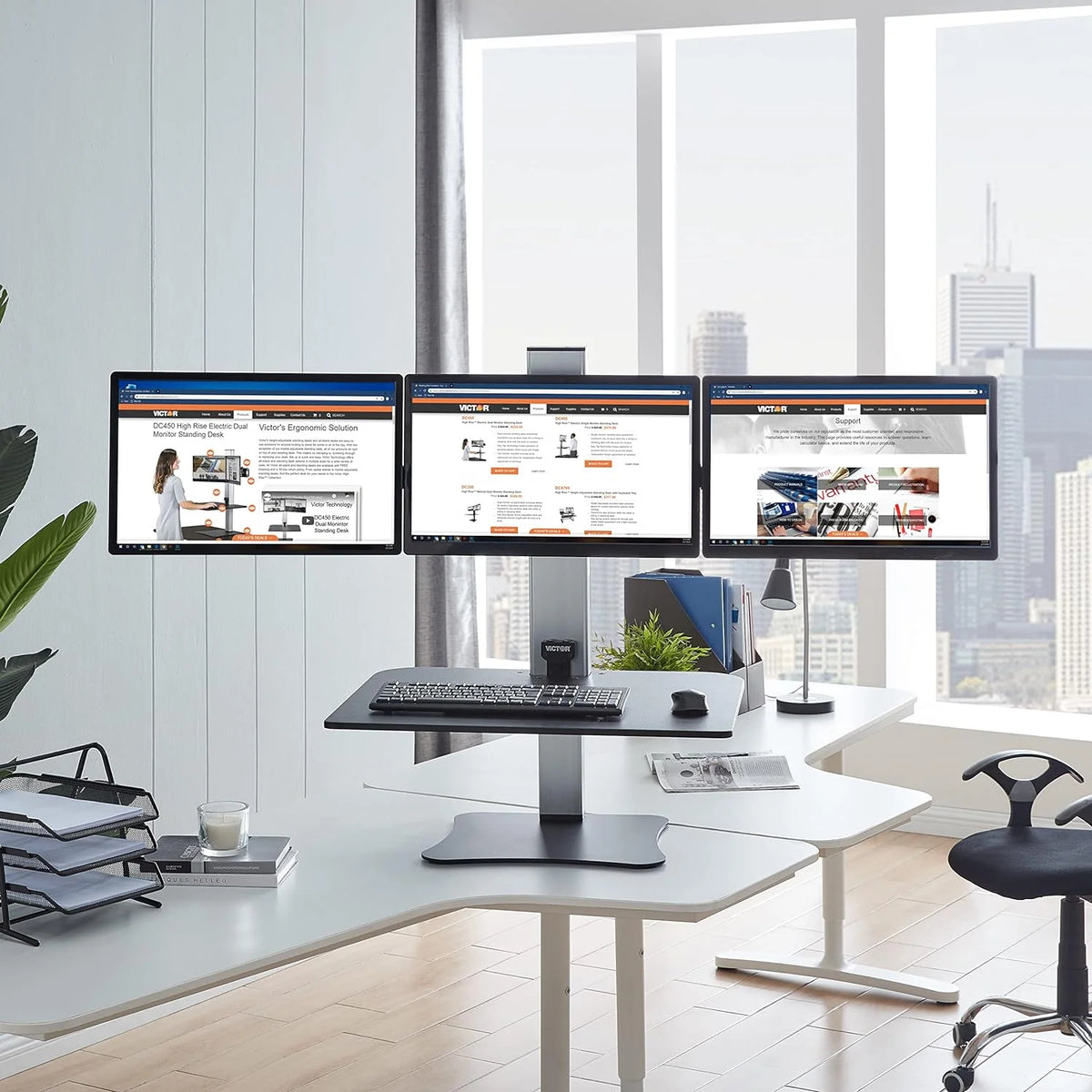 High-position electric triple monitor adjustable desk | Sit-stand dual-purpose work desk for three screens | 28-inch wide work surface | Compatible with any standard desktop | Adjustable monitor stand