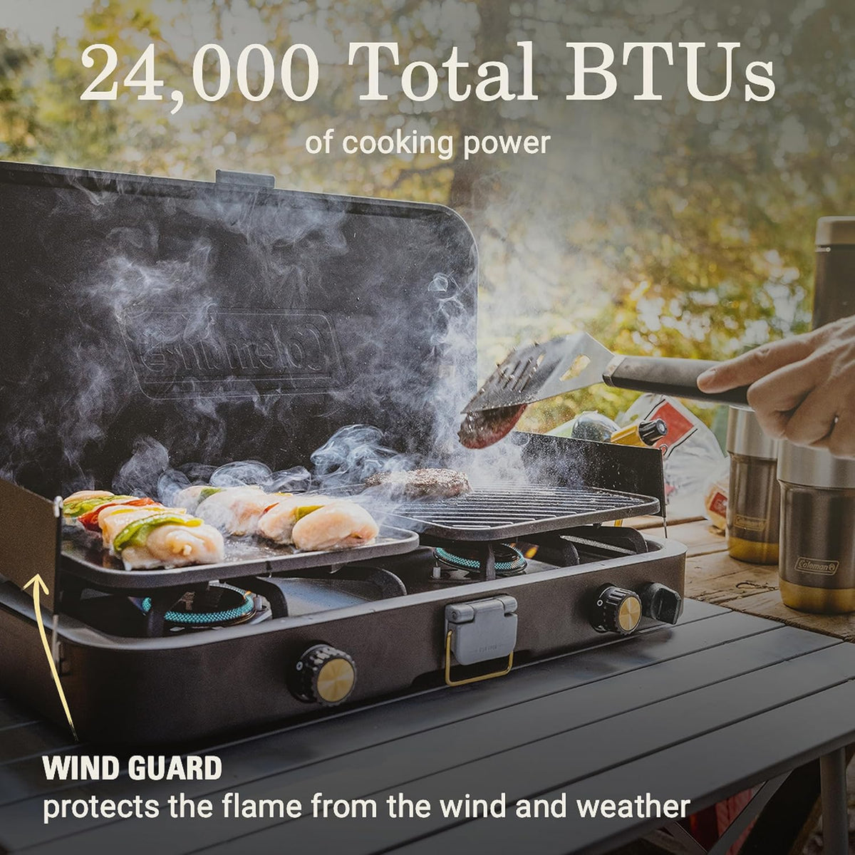 The 1900 series three-in-one propane camping stove. featuring a cast iron grill and frying pan accessories. has a power output of 24000 watts. It is equipped with an adjustable flame cover and excellent lighting device. and comes with two adjustable