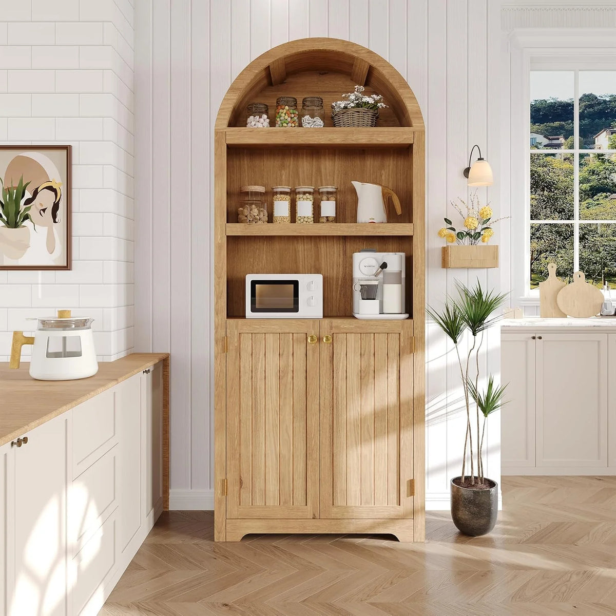 72'' Tall Farmhouse Bookcase. 5 Tier Arched Bookshelf with Double Doors & Adjustable Shelf. Display Storage Shelves. for Bedroom. Living Room. Home Office