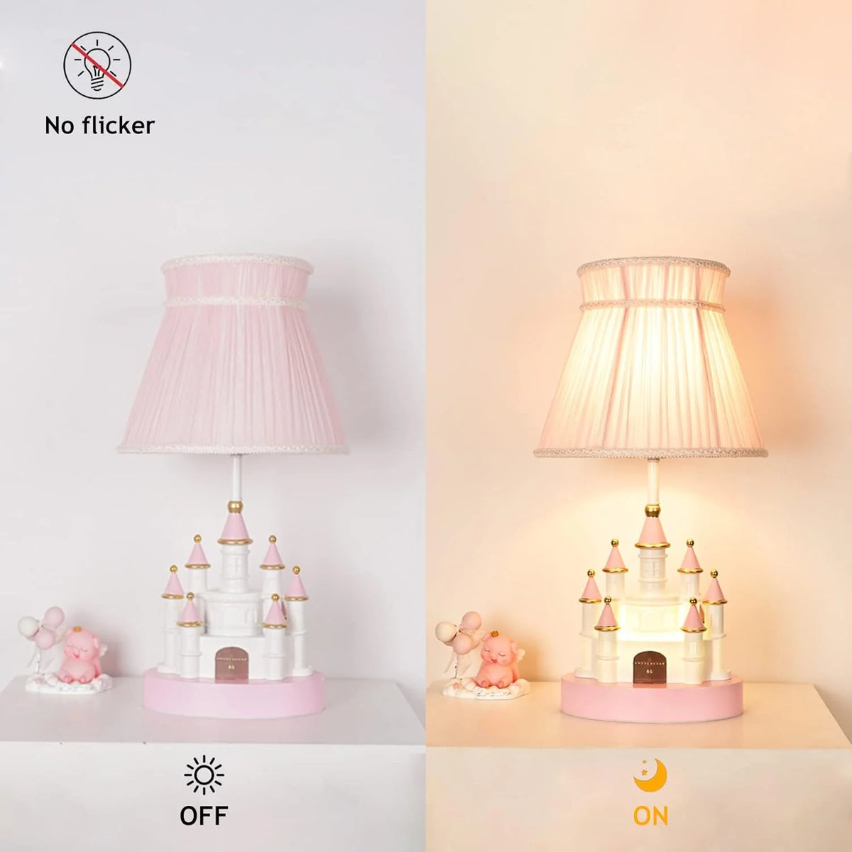 Cartoon children's table. Light pink bedside table. Princess-style cute castle-shaped resin material lamp for girls' bedroom and living room. with fabric shade cover.