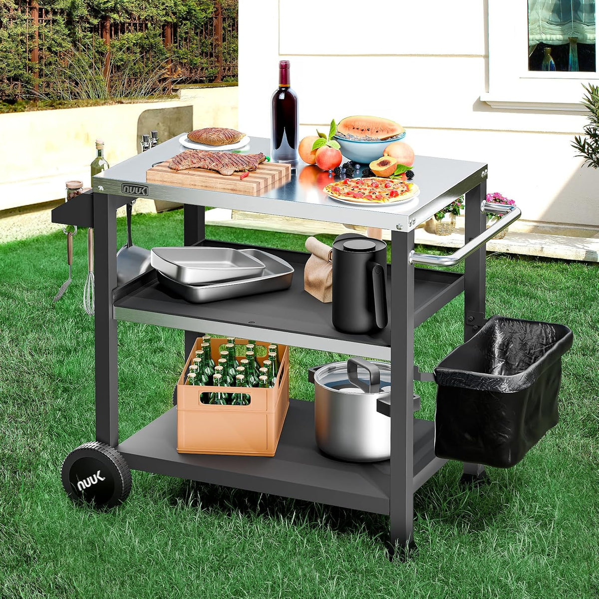 Outdoor barbecue food truck. 32 x 32 stainless steel pizza oven table. mobile barbecue kitchen food preparation cart with double-tiered shelves. suitable for garden patios