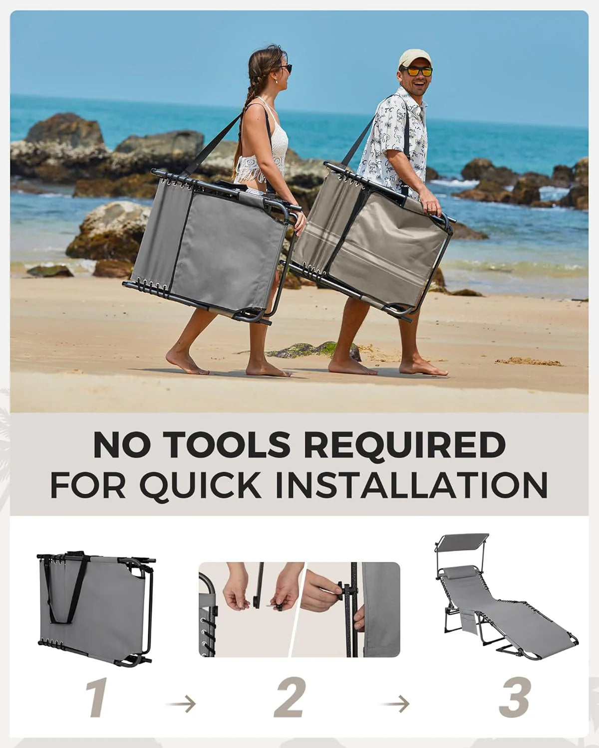 2-Seater Sun Chair with Facial Opening. Outdoor Foldable Portable Lounge Chair. Adjustable Five-Legged Folding Chair. With Sunshade. Suitable for Outdoor Beach. Gray Version