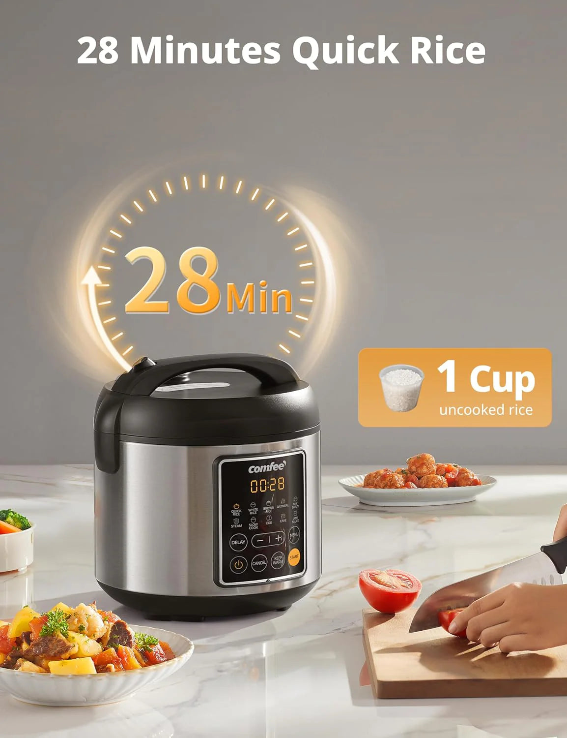 Compact electric rice cooker. 6-in-1 stainless steel multi-functional cooking utensil. slow cooker. steamer. frying pan. heater and warmer. 2-gallon capacity (8 cups cooked. 4 cups uncooked). suitable for brown rice. quinoa and oats. 6 one-button pro